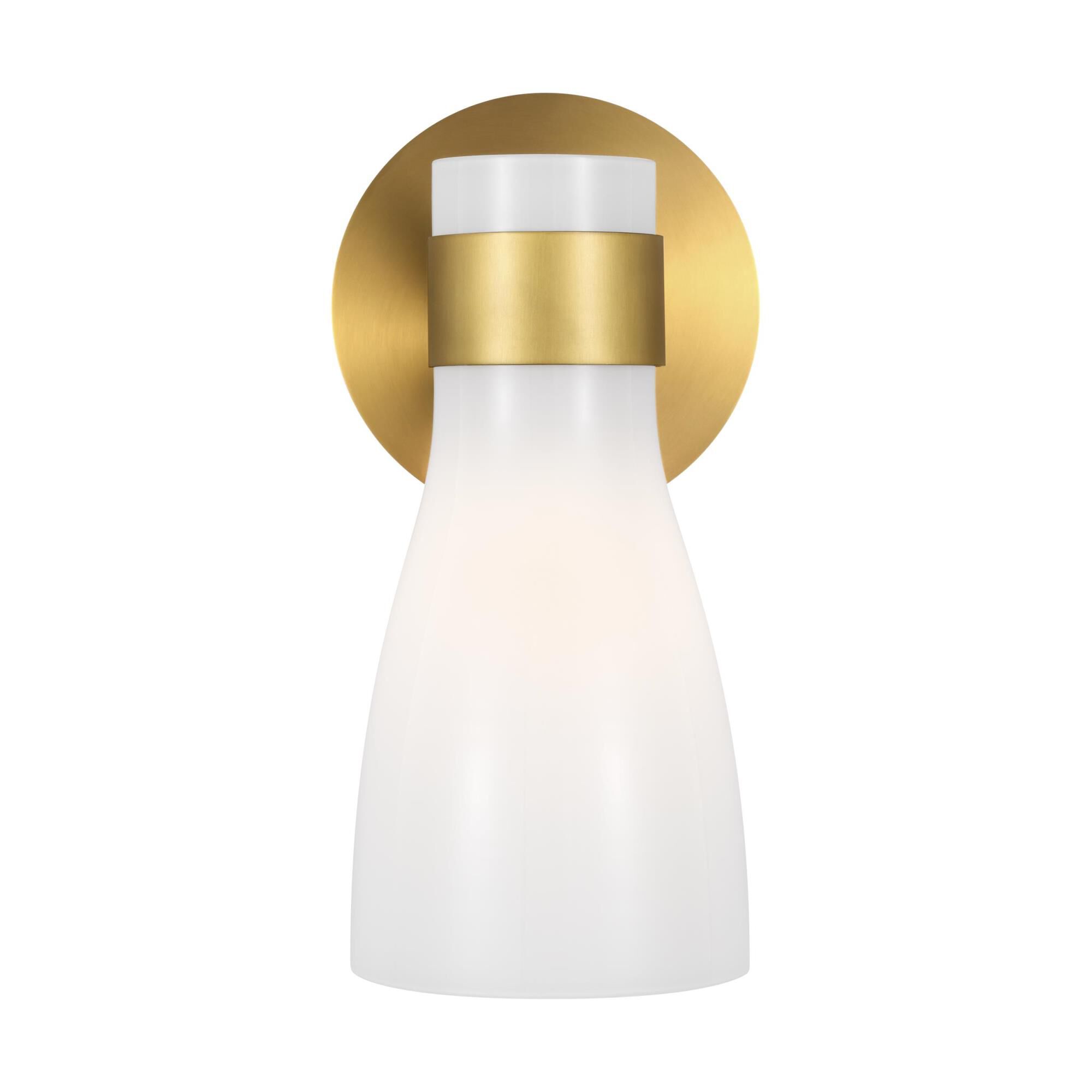 Shown in Burnished Brass finish and White Milk glass