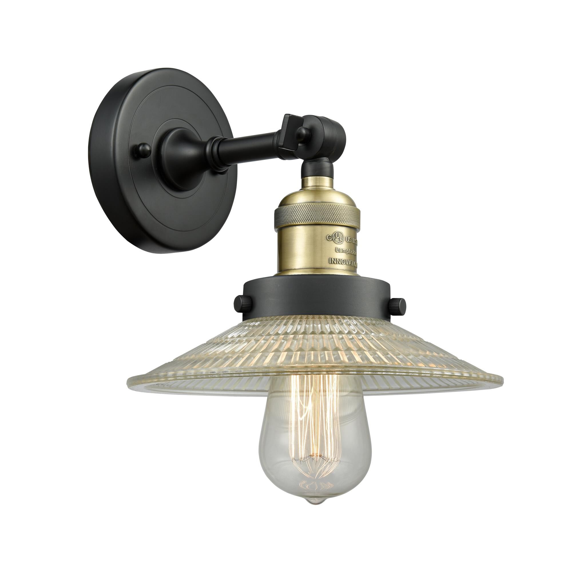 Shown in Black Antique Brass finish and Clear Halophane glass