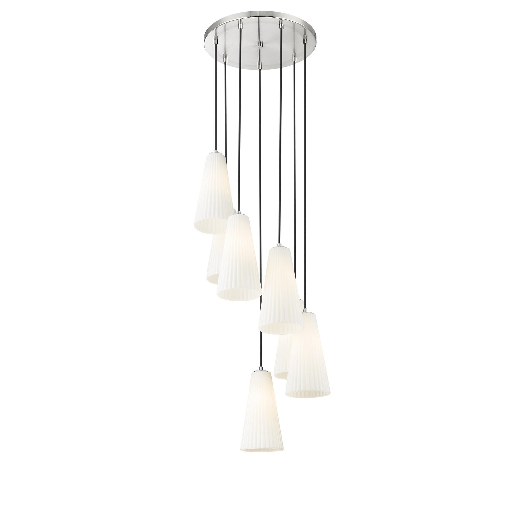 Shown in Brushed Nickel finish and White glass and White shade