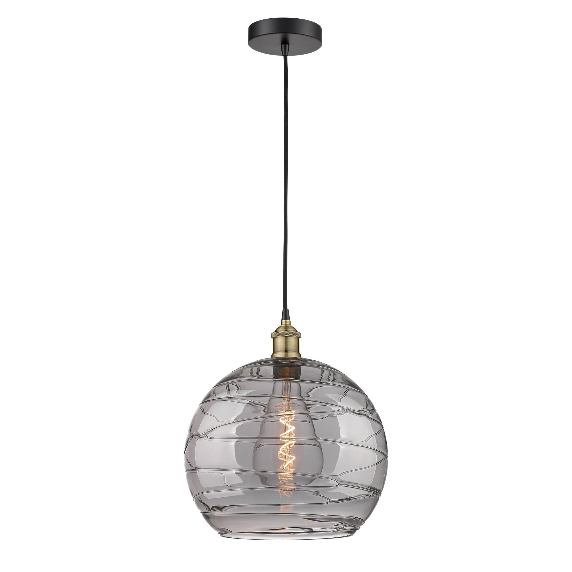 Shown in Black Antique Brass finish and Light Smoke Deco Swirl glass