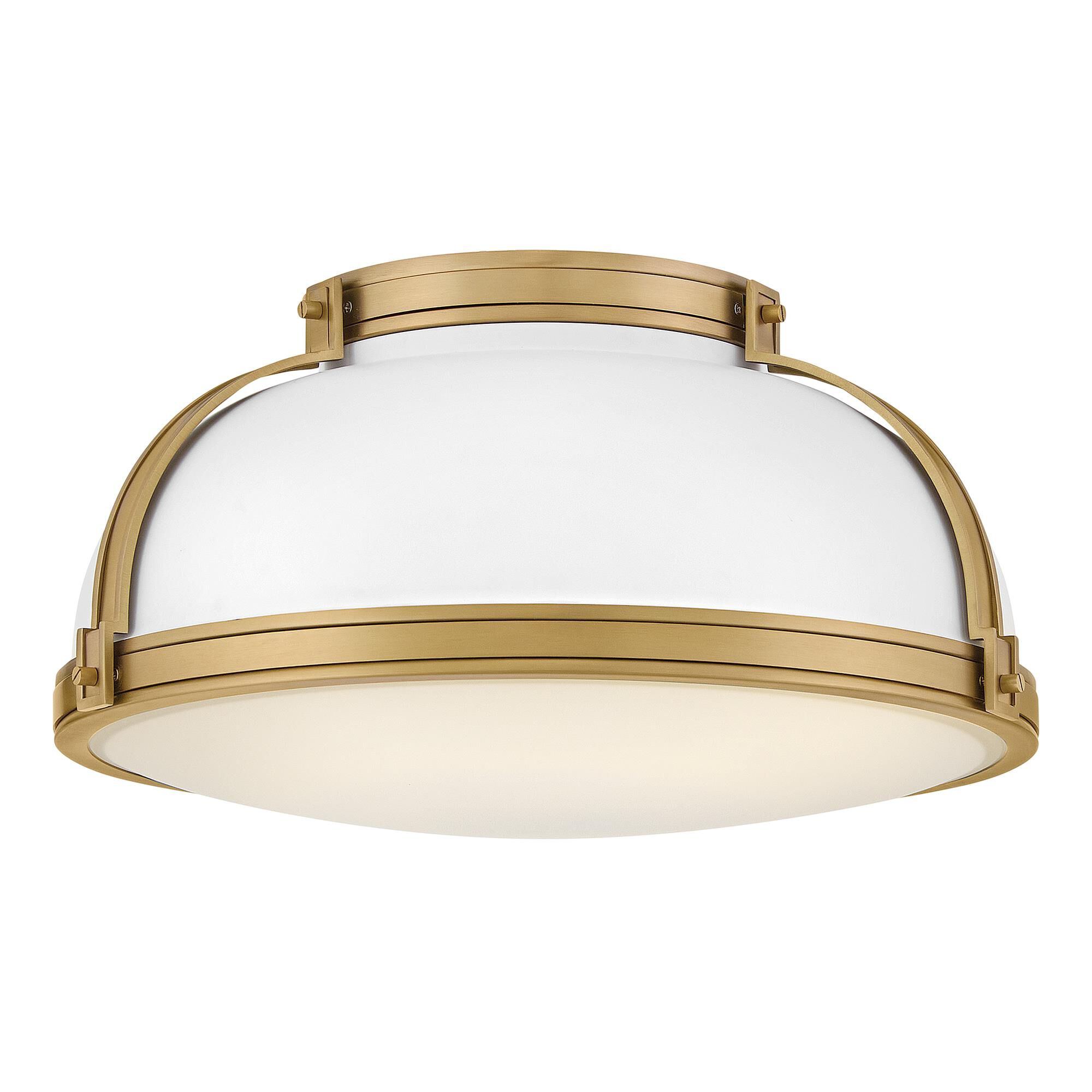 Shown in Matte White finish and Etched Opal glass and Lacquered Brass accent