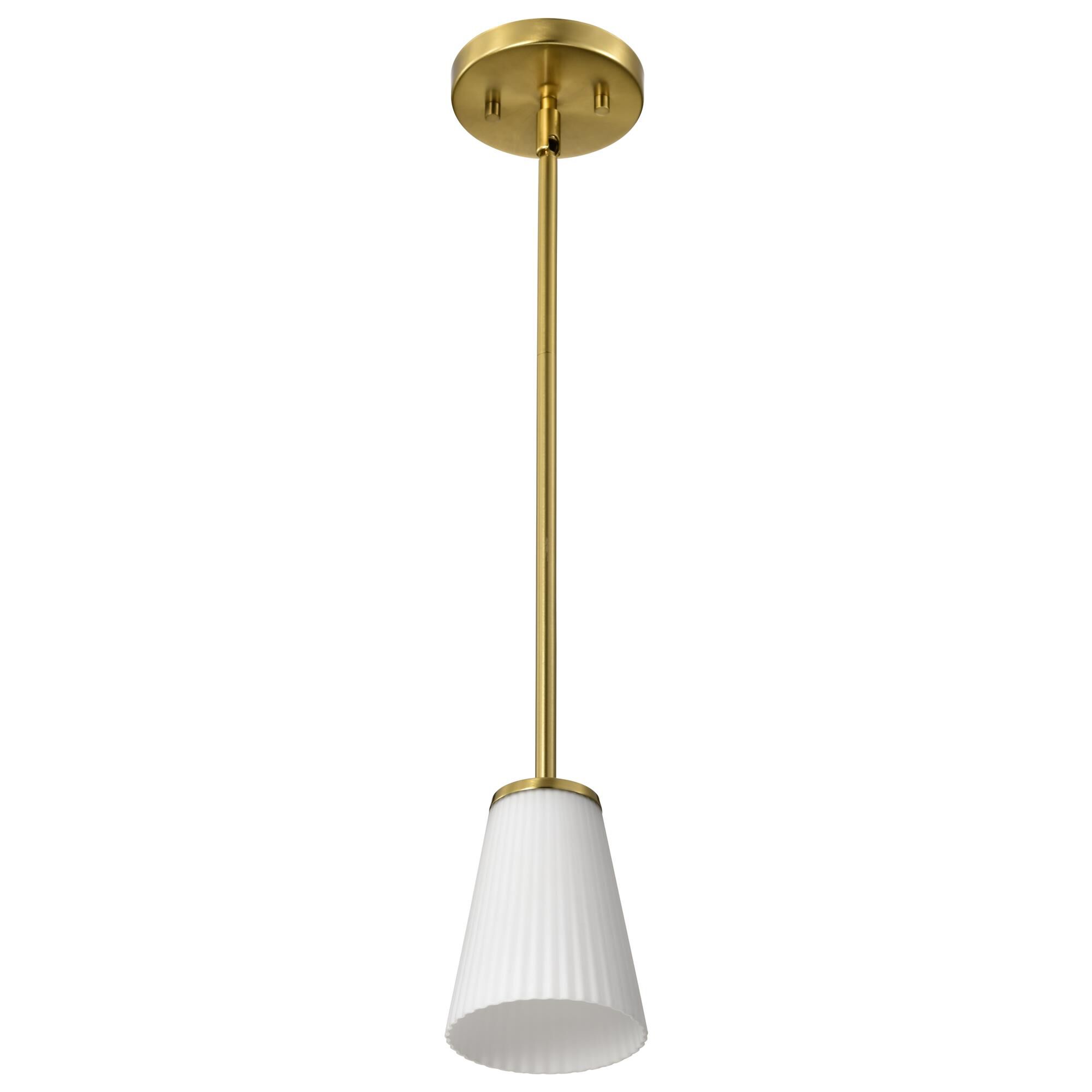 Shown in Burnished Brass finish and Ribbed White glass