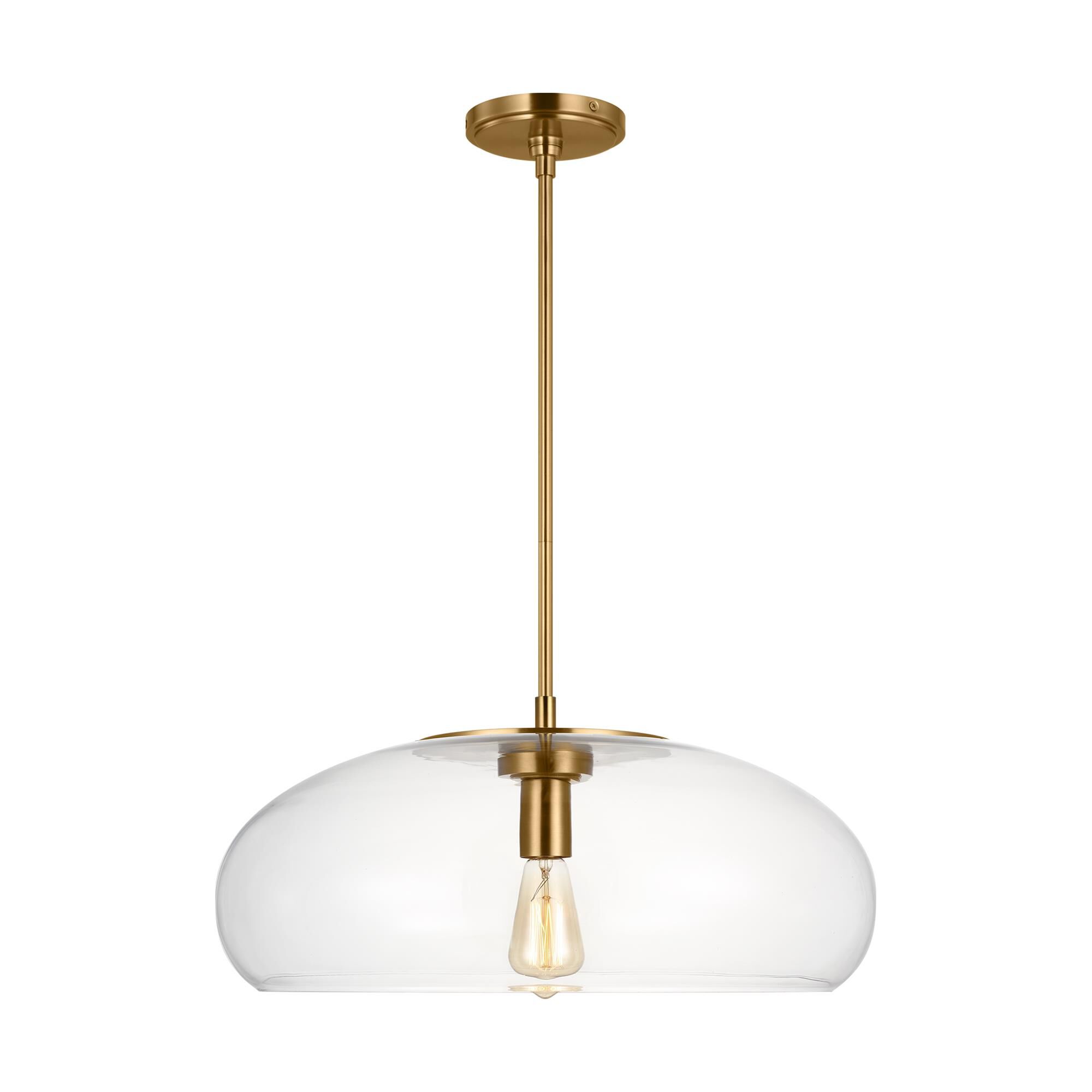 Shown in Burnished Brass finish and Clear Glass shade
