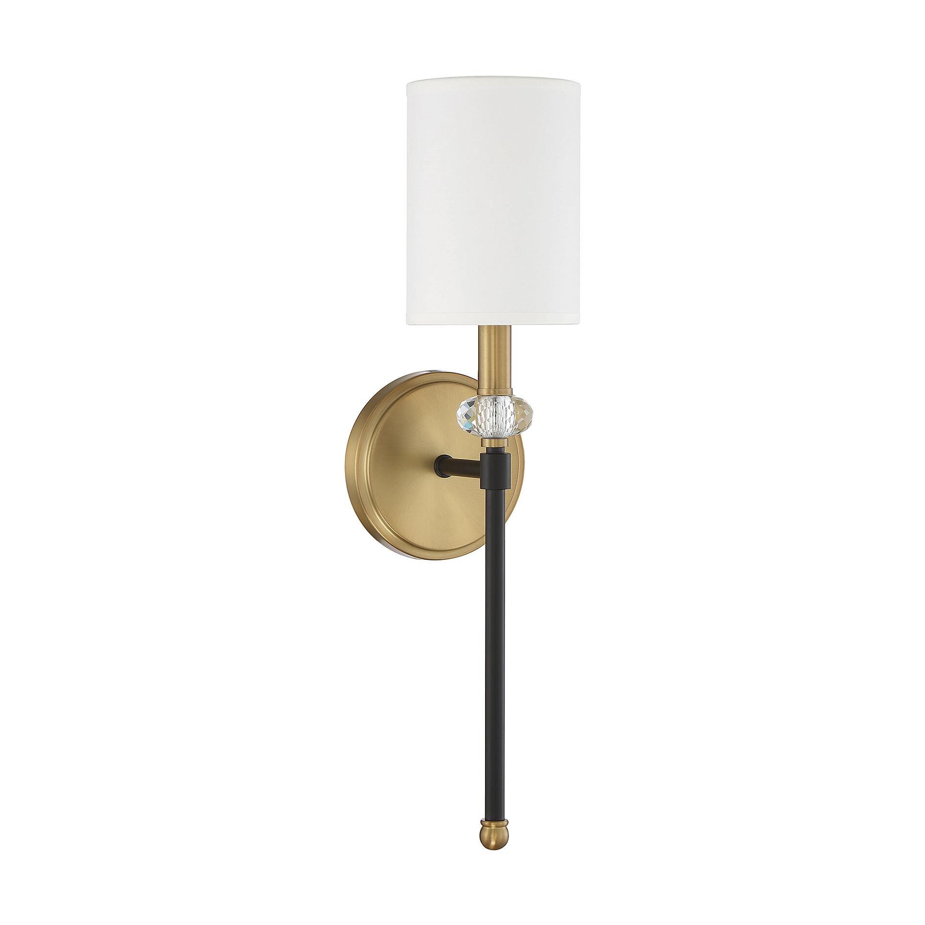 Shown in Matte Black With Warm Brass Accents finish and Clear Accents crystal and White Fabric shade