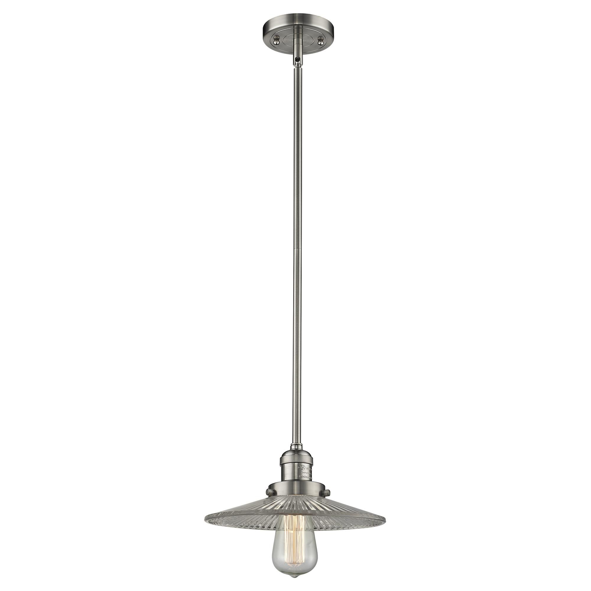 Shown in Brushed Satin Nickel finish and Clear Halophane glass