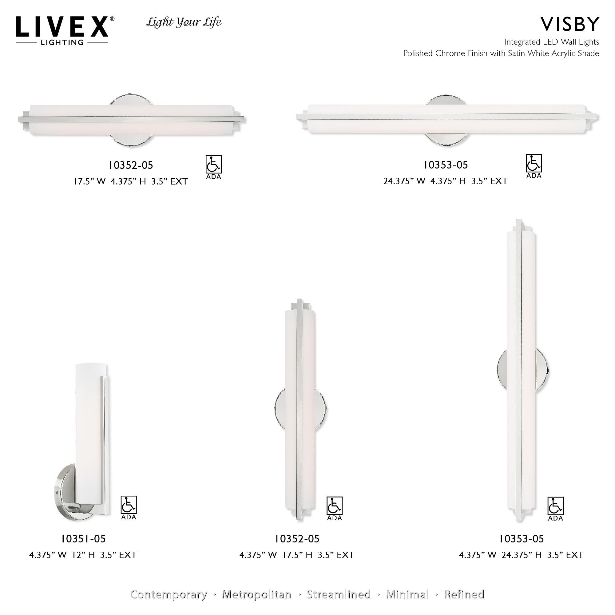 Shown in Polished Chrome finish and Satin White Acrylic shade