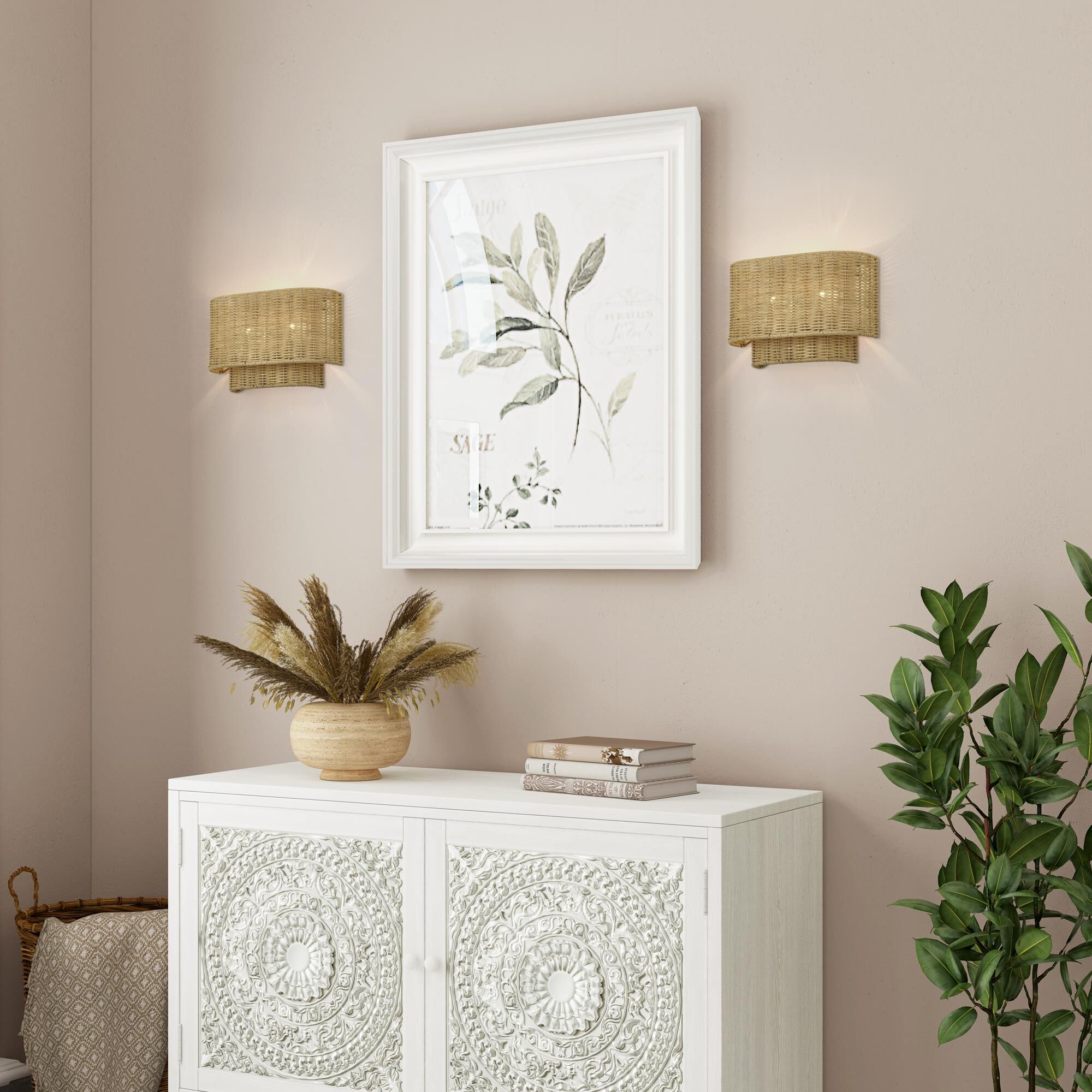 Shown in Antique Gold Leaf finish and Hand-Woven Rustic Walnut Color Rattan shade