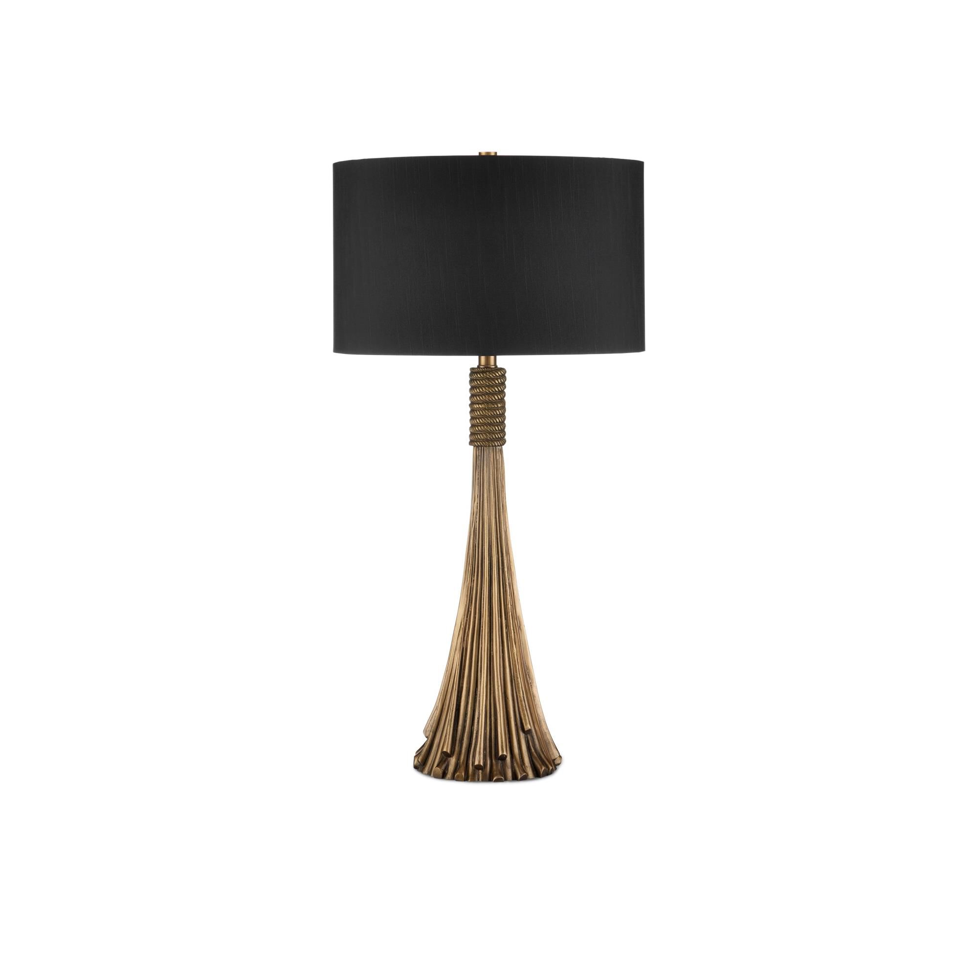 Shown in Antique Brass finish and Black Linen shade