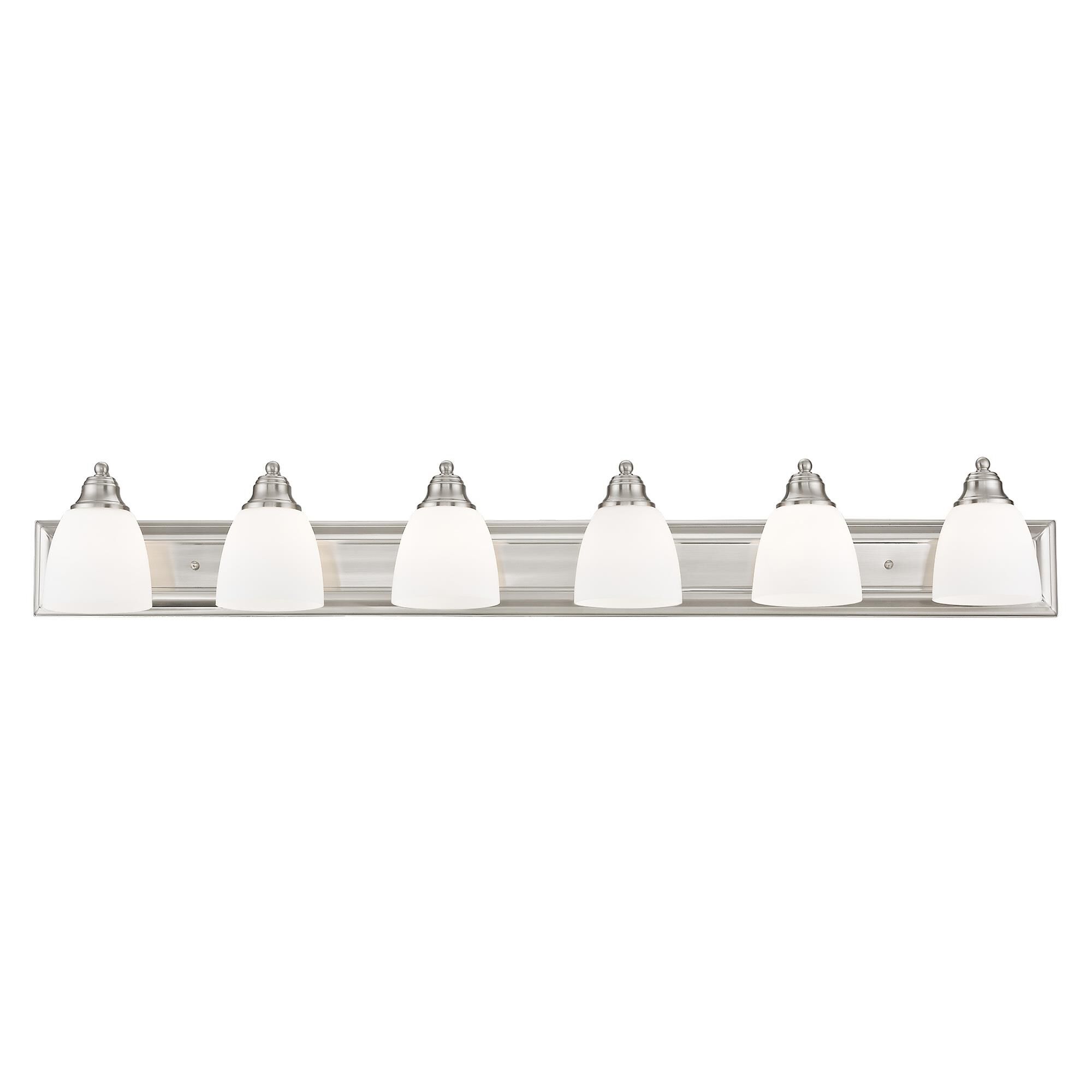 Shown in Brushed Nickel finish and Hand Blown Satin Opal White glass