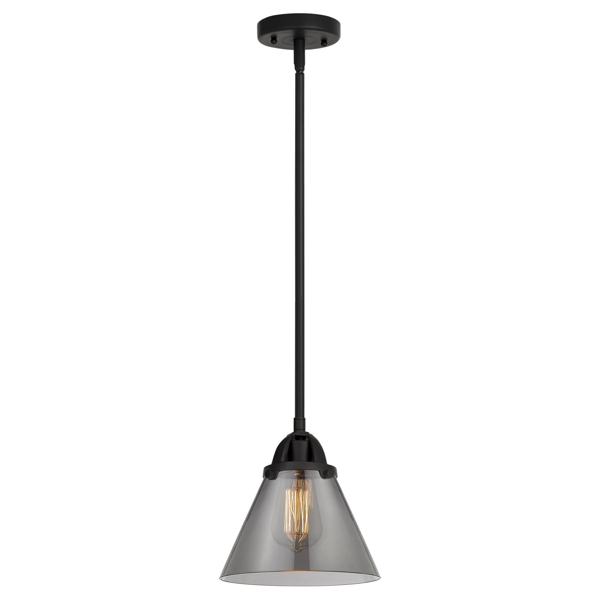 Shown in Matte Black finish and Plated Smoke Large Cone glass and No Shade shade