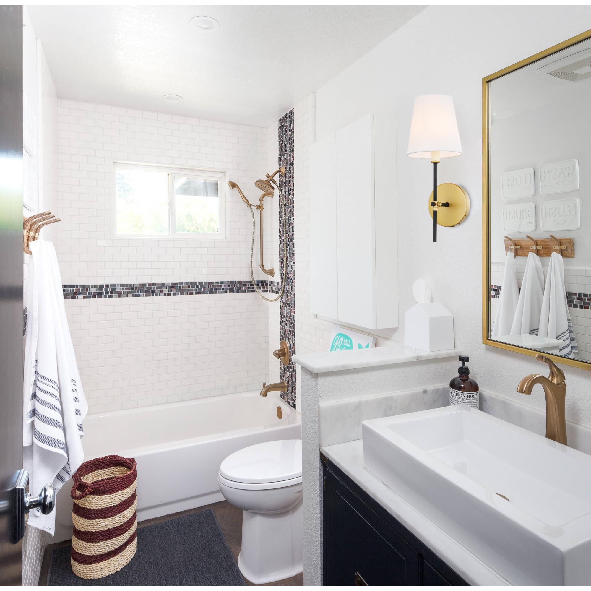 Shown in Brass And Black finish and White Fabric shade