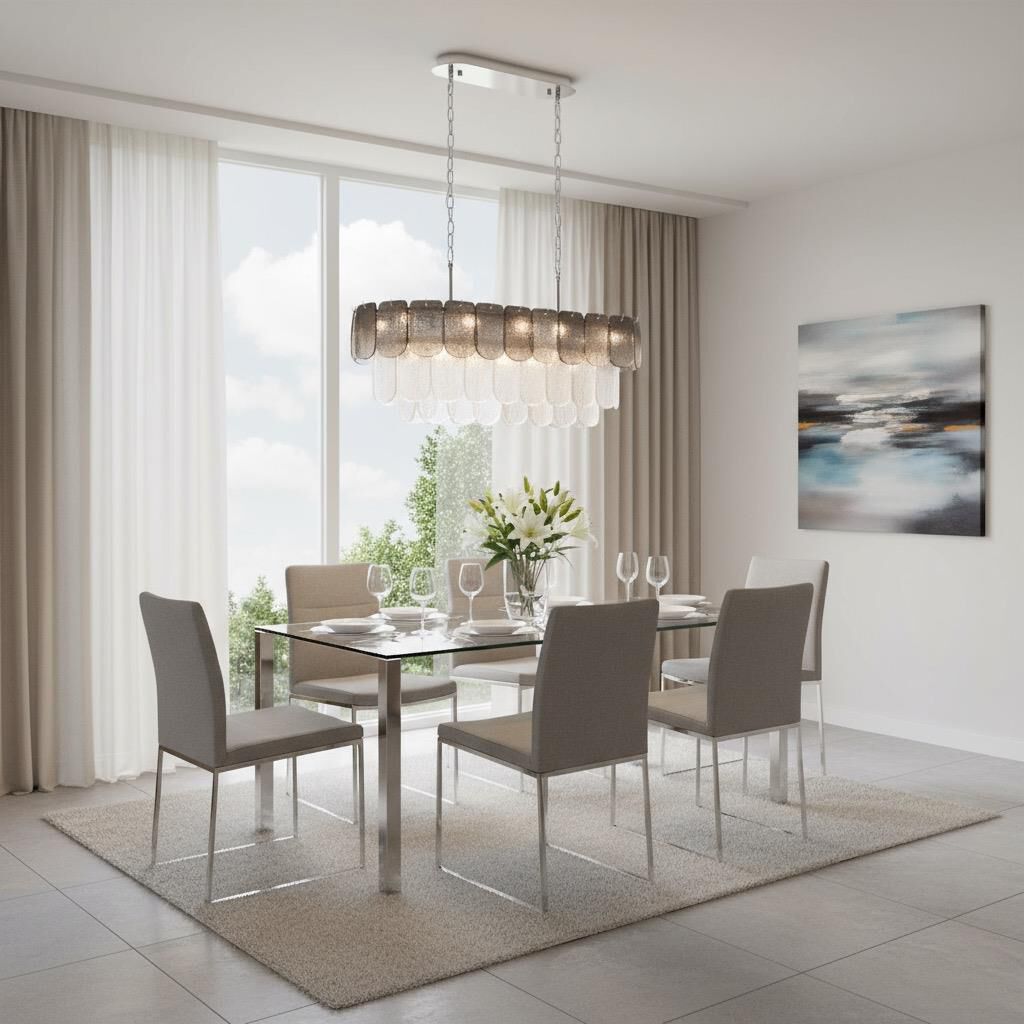 Shown in Polished Nickel and Crystalline Smoke finish and Piastra glass