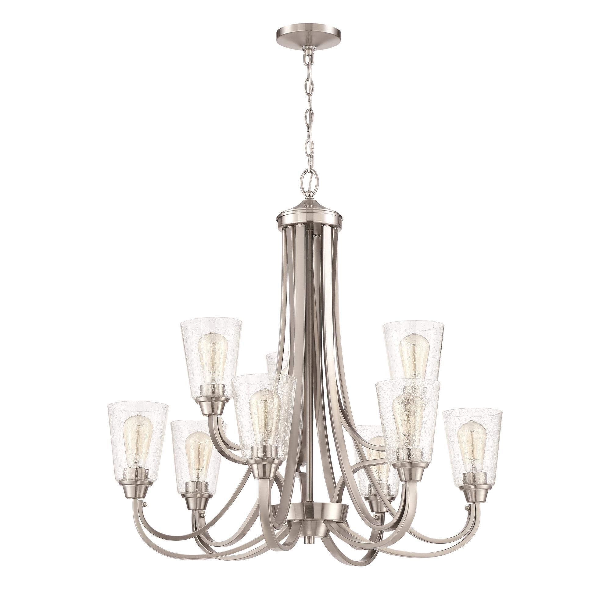 Shown in Brushed Polished Nickel finish and Clear Seeded glass and Glass shade