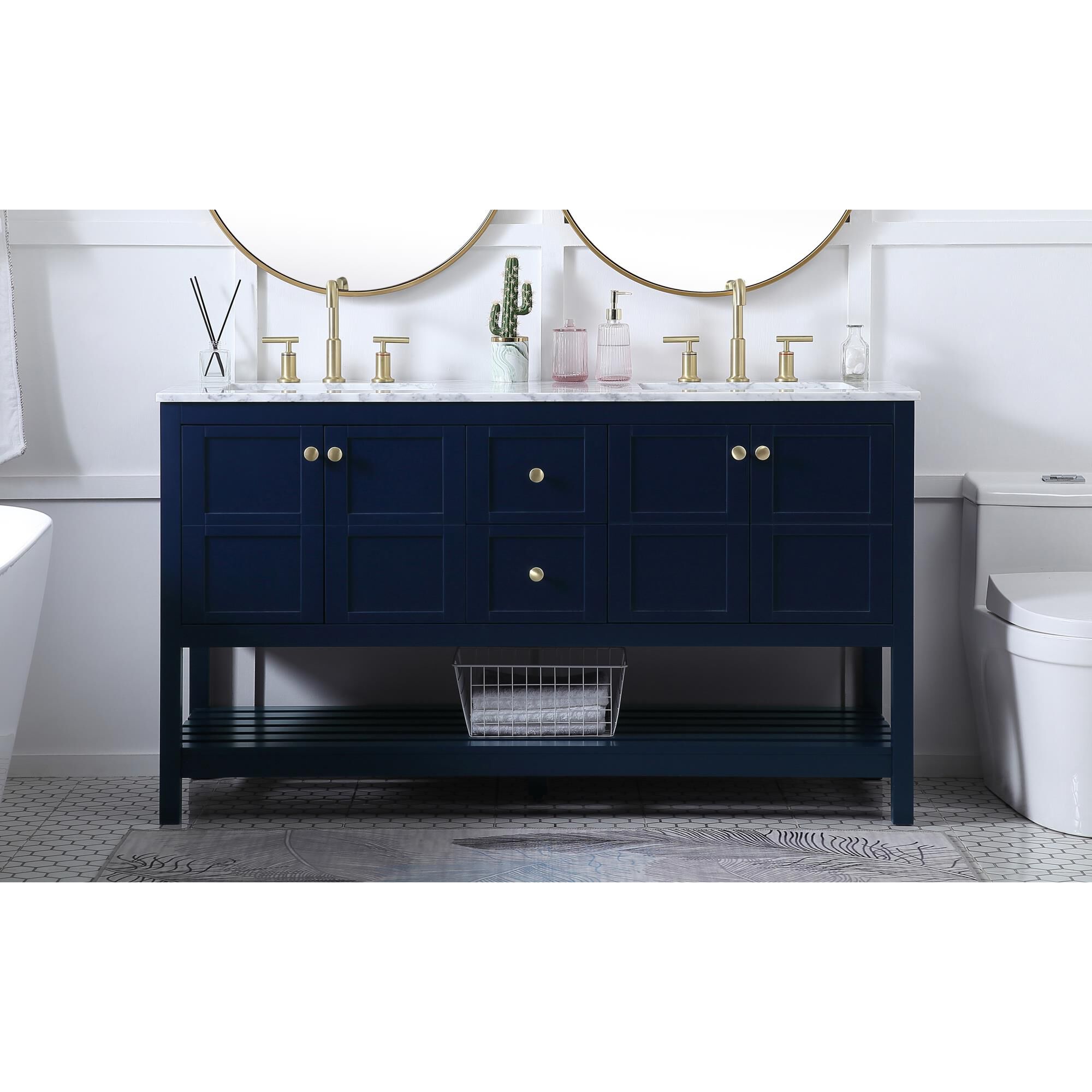 Shown in Blue And Gold With Carrara White Marble finish