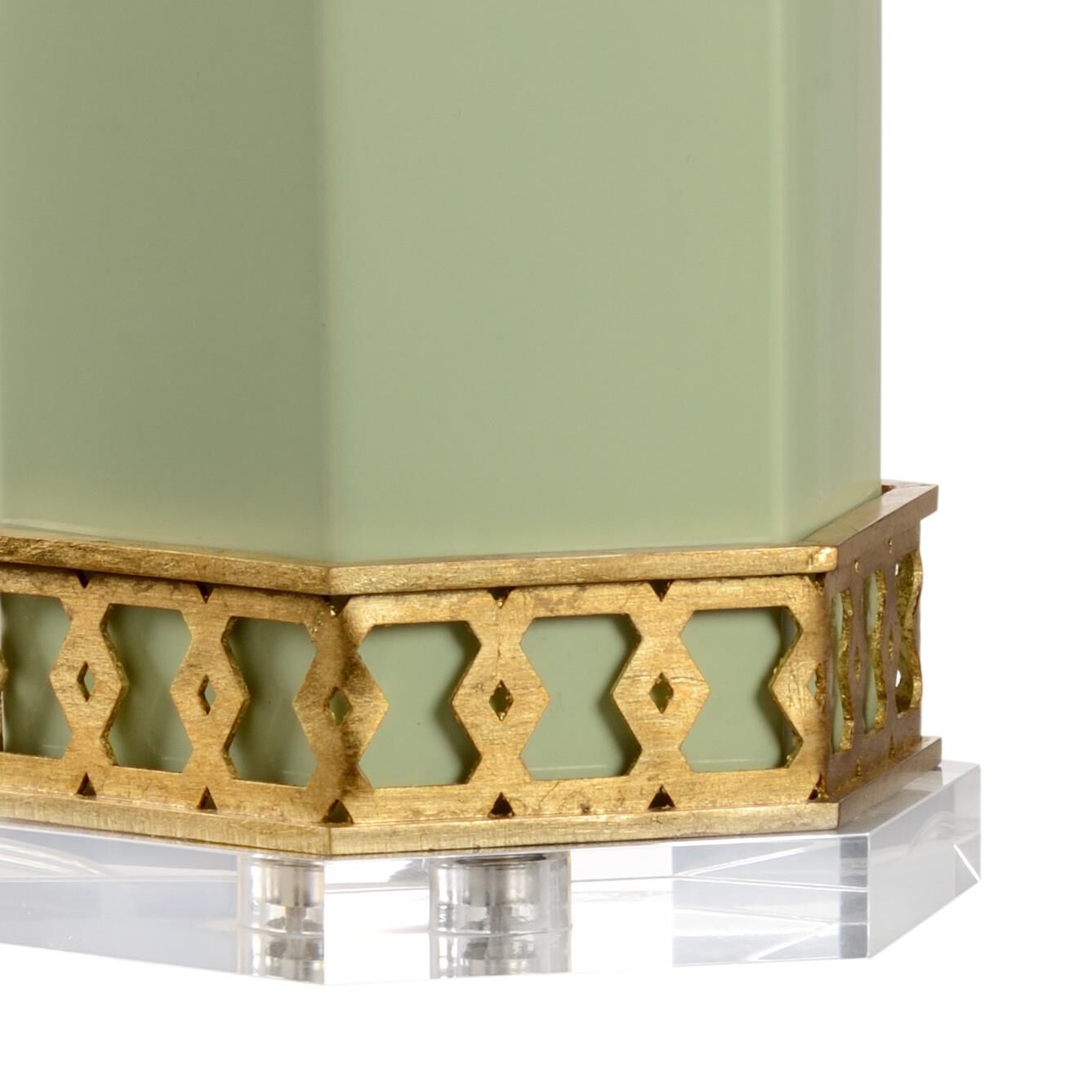 Shown in Pistachio/Antique Gold Leaf/Clear finish and Acrylic glass and Off White shade