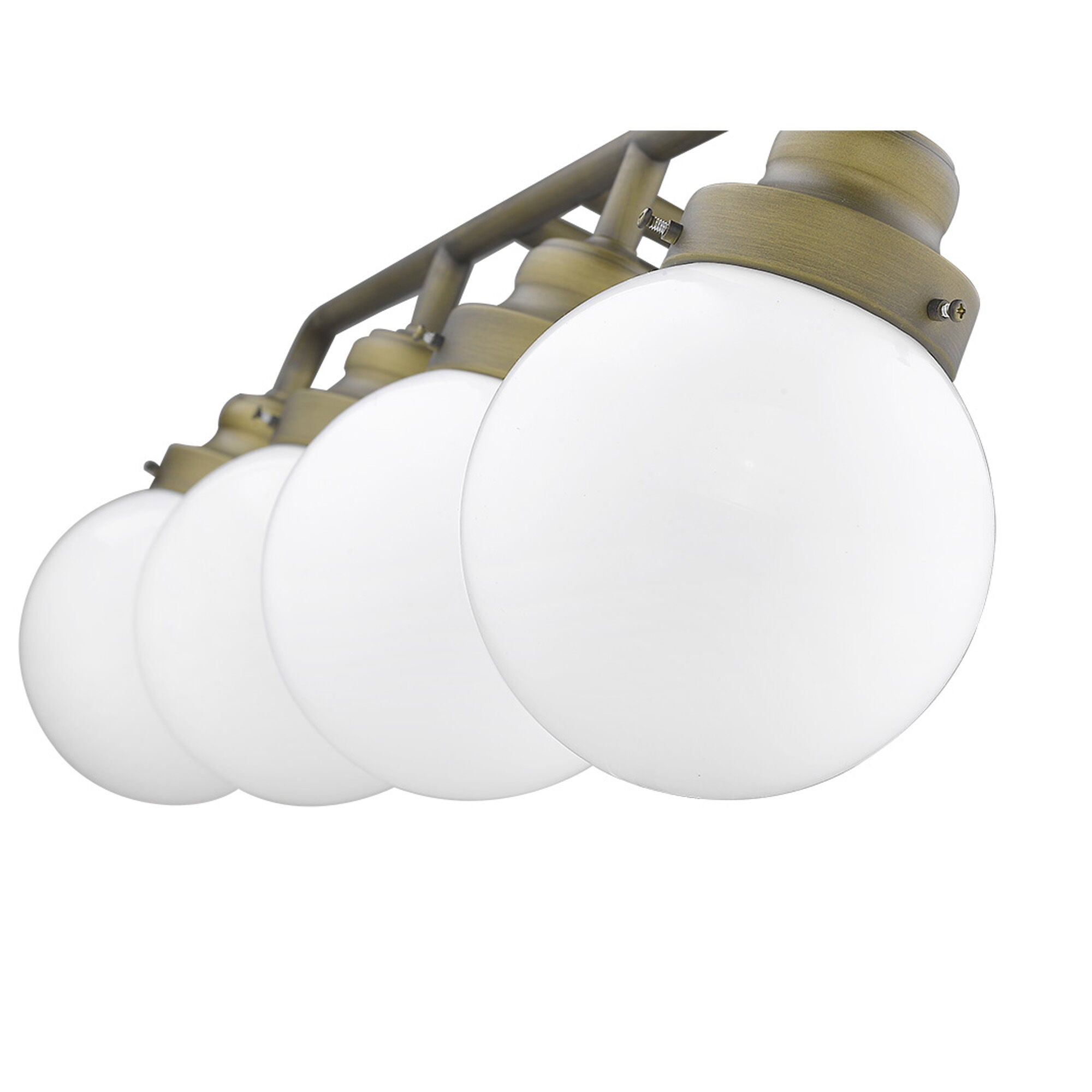 Shown in Raw Brass finish and Opal glass and Opal, Glass Globes shade
