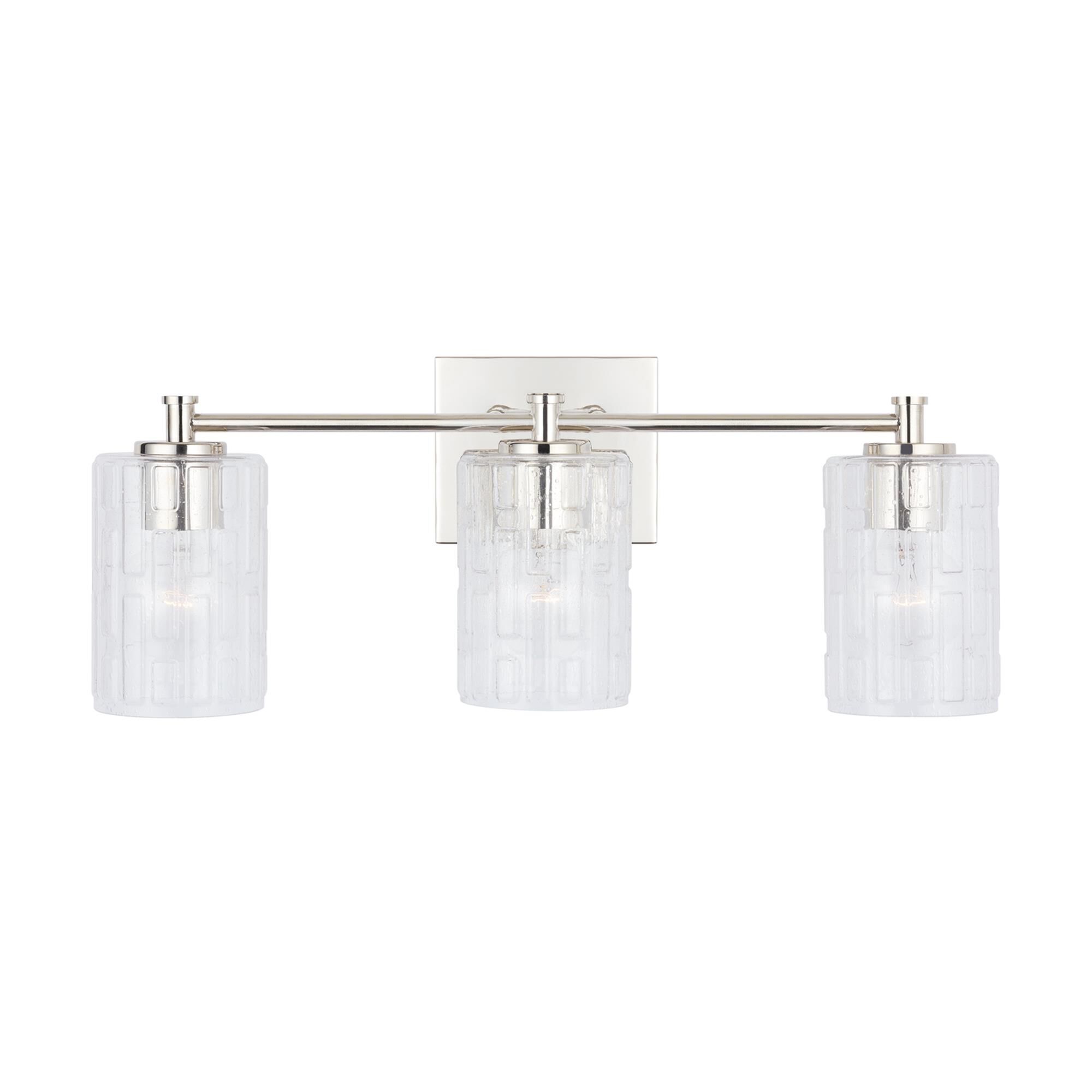 Shown in Polished Nickel finish and Clear Embossed glass