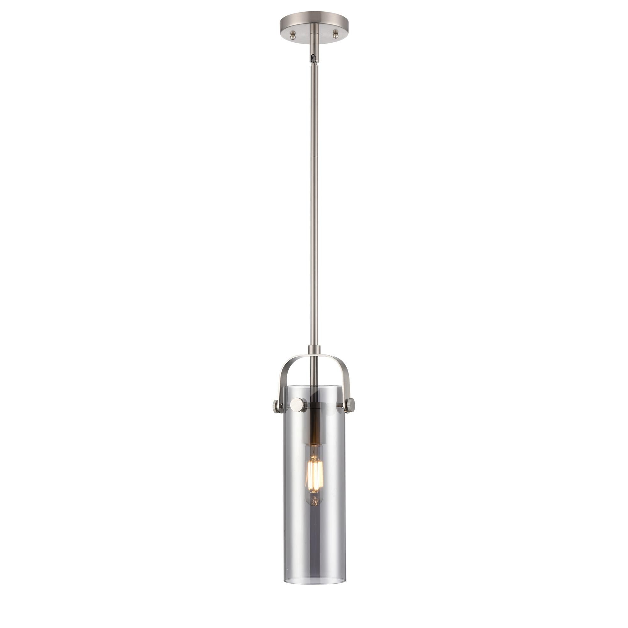 Shown in Satin Nickel finish and Plated Smoke glass and Plated Smoke Glass shade