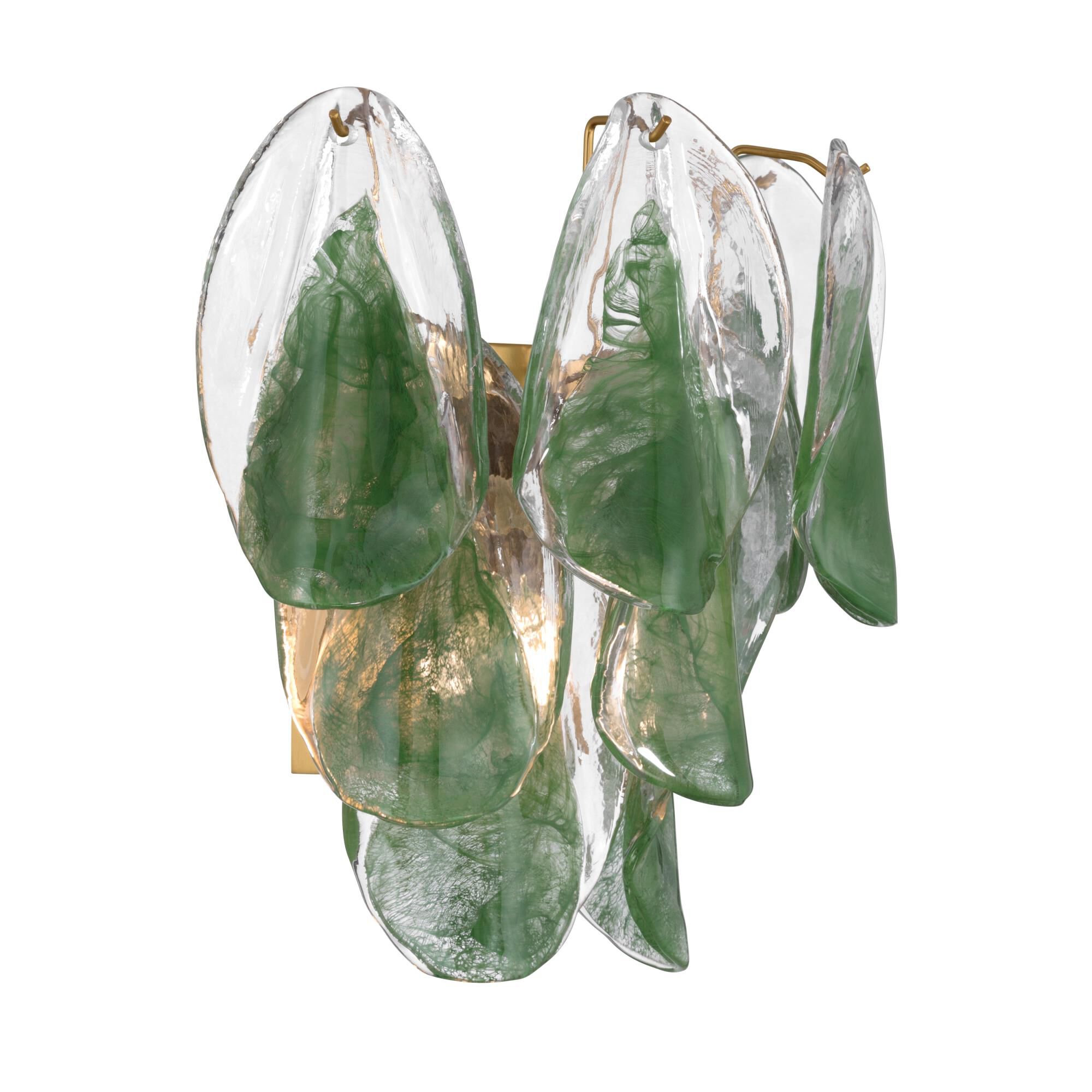 Shown in Legacy Brass finish and Green and Clear Hand-Formed glass