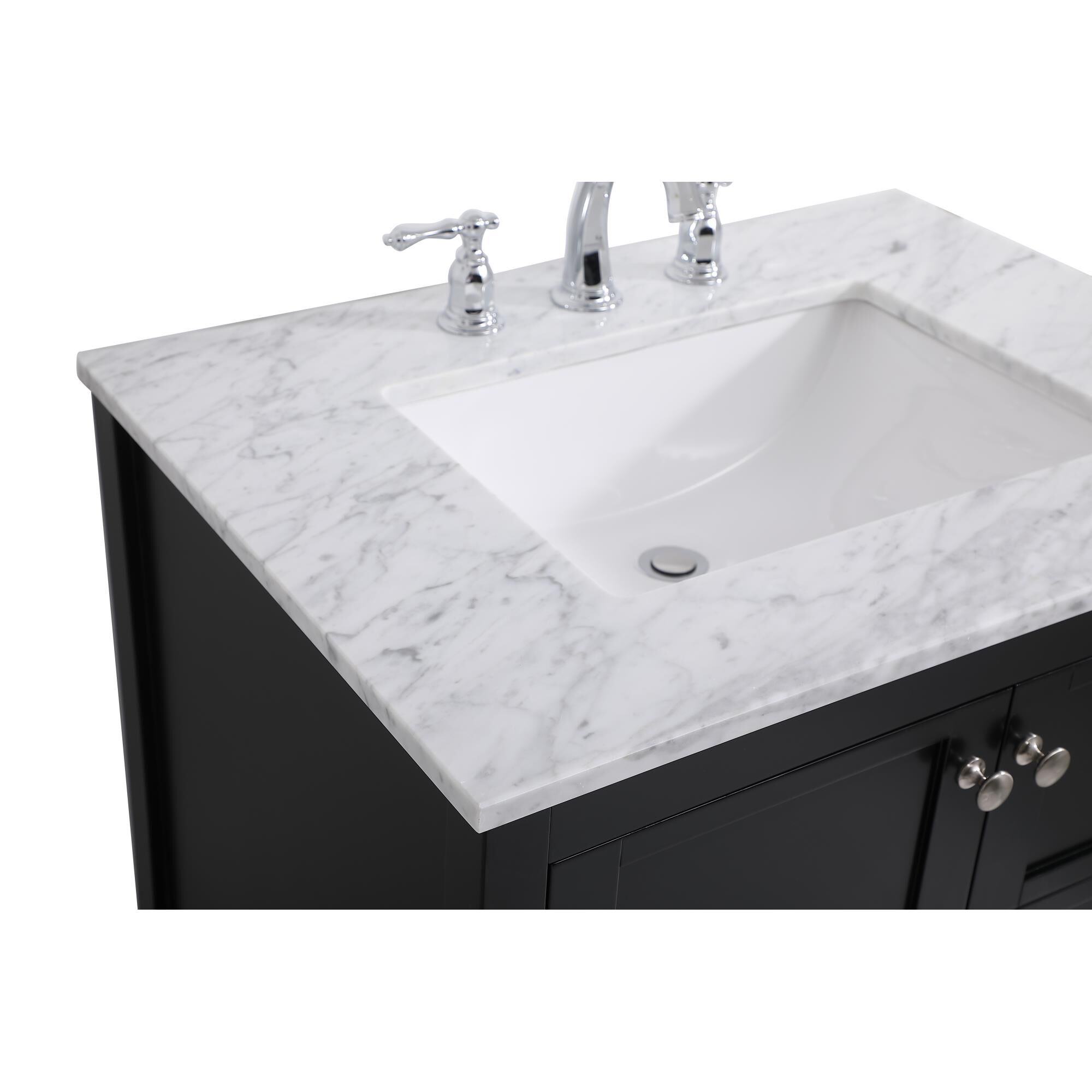Shown in Black And Brushed Nickel With Carrara White Marble finish