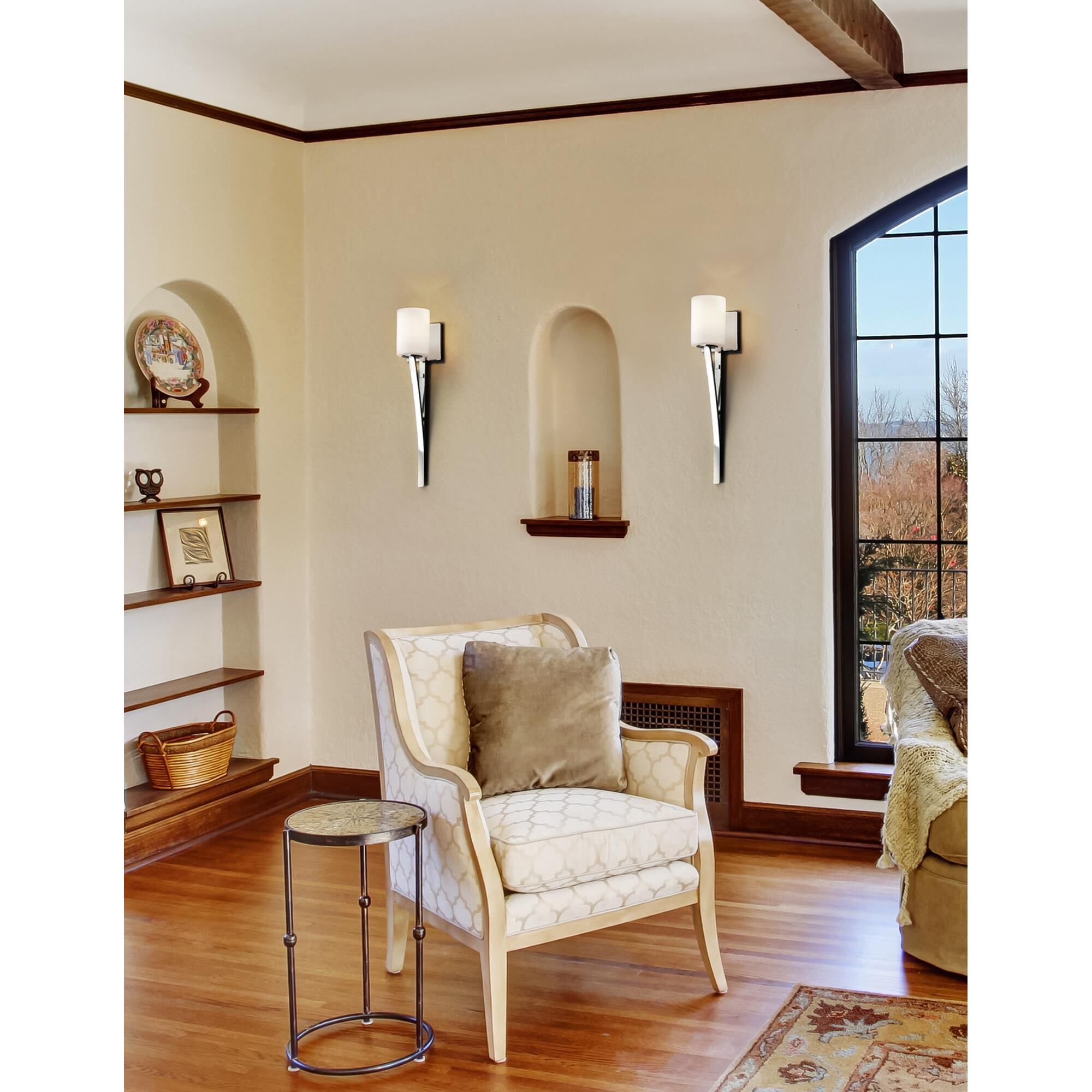 Shown in Polished Chrome finish and Artisan glass and Opal shade and Cylinder with Flat Rim accent