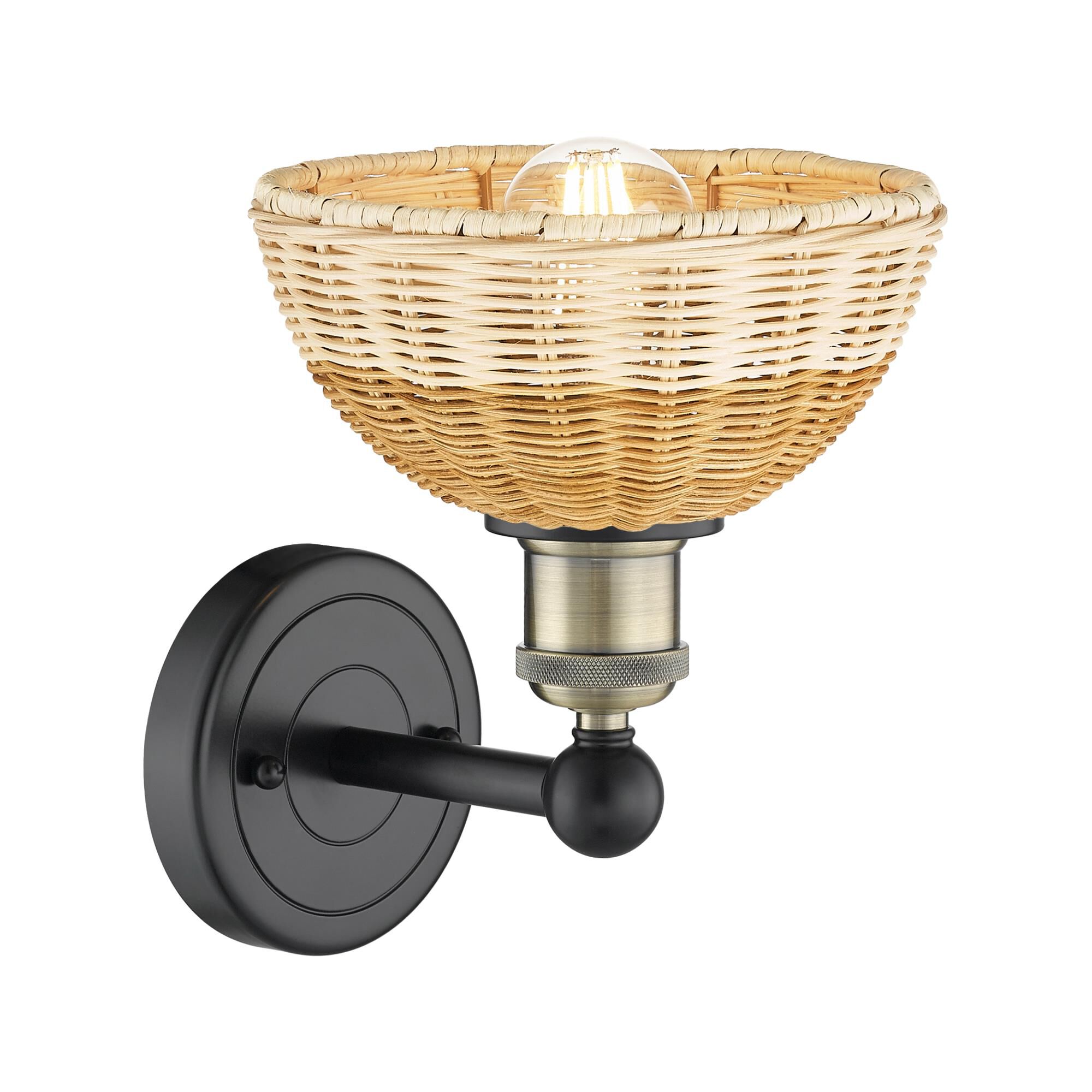 Shown in Black Antique Brass finish and Natural shade