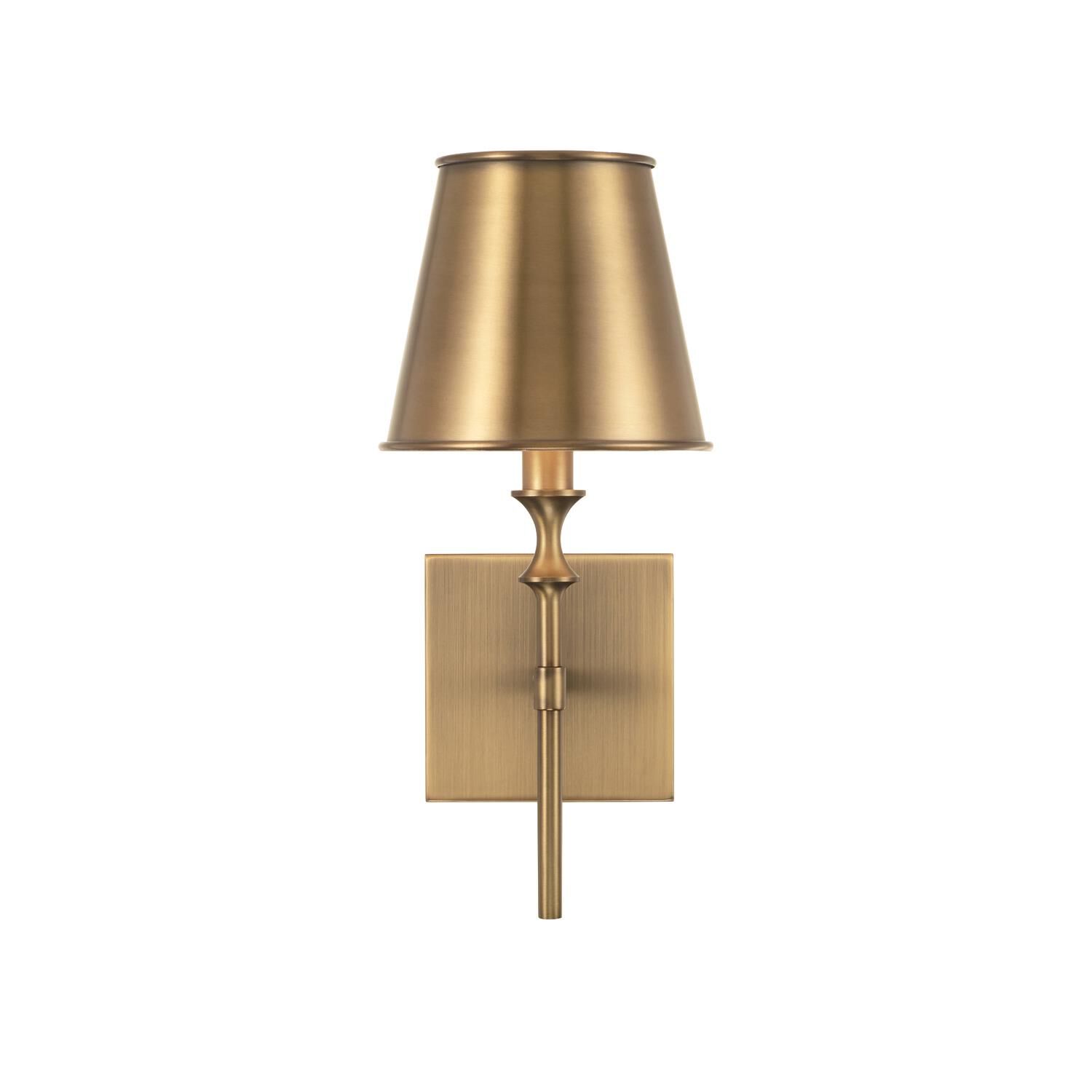 Shown in Aged Brass finish and Aged Brass Metal Stay-Straight  with White Interior shade