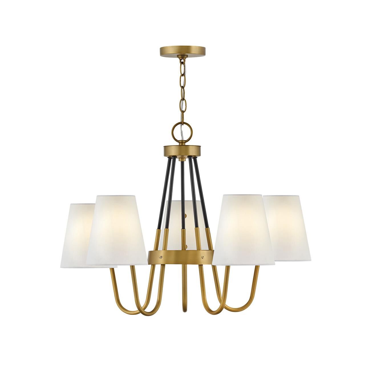Shown in Heritage Brass finish and Off-White Fabric shade and Black accent