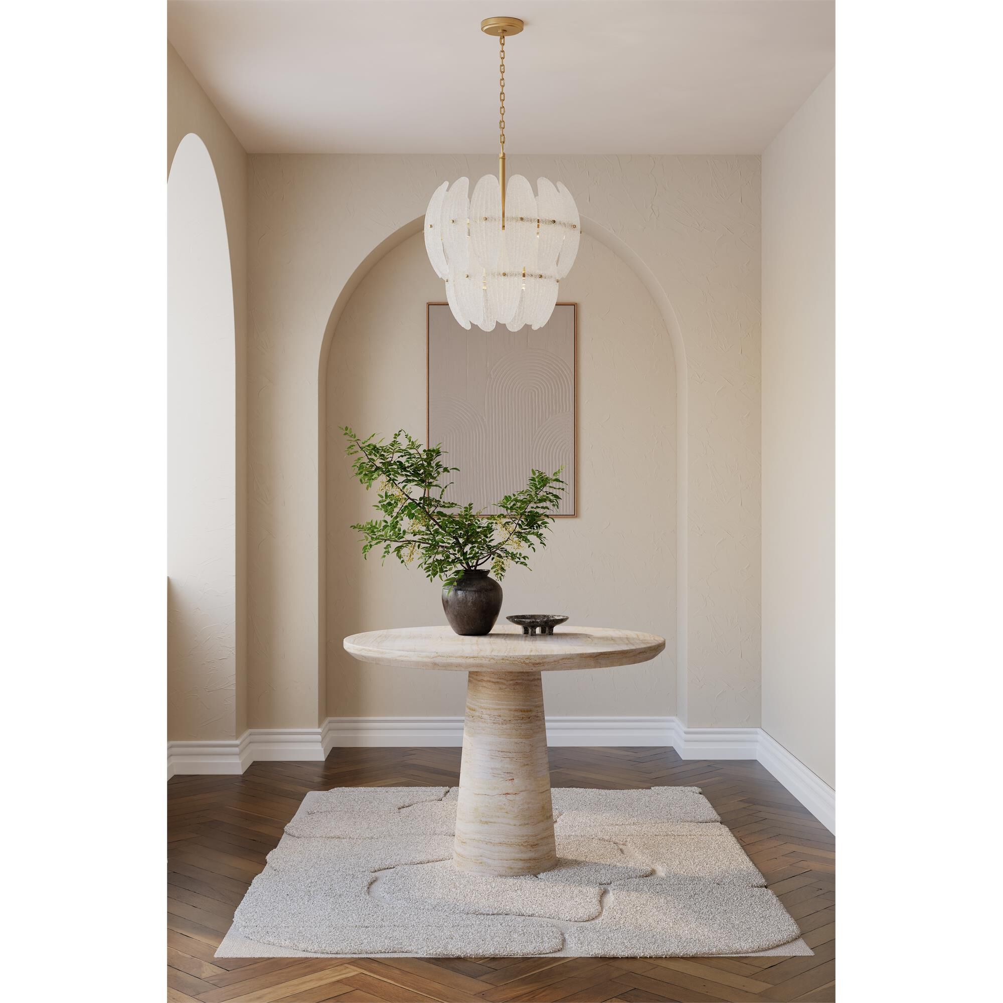 Shown in Legacy Brass finish and Clear Textured shade
