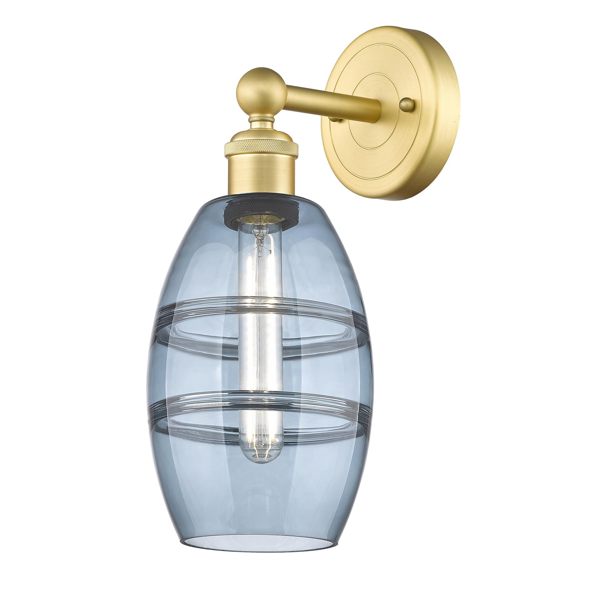 Shown in Satin Gold finish and Princess Blue glass