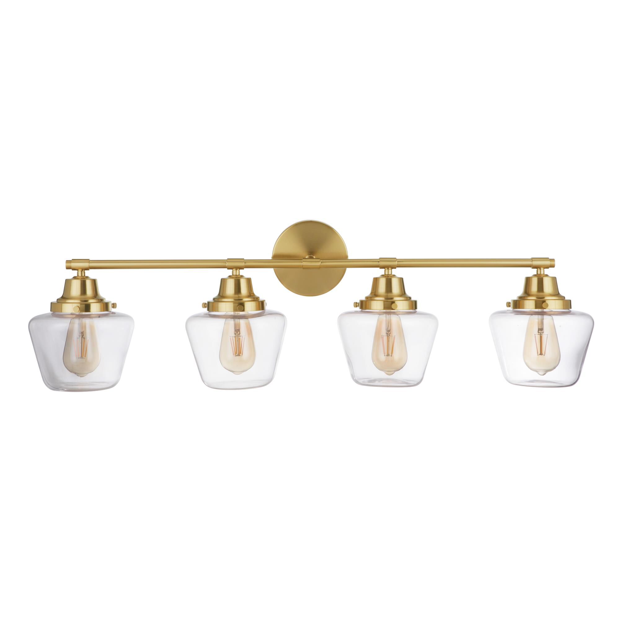 Shown in Satin Brass finish and Clear glass and Glass shade