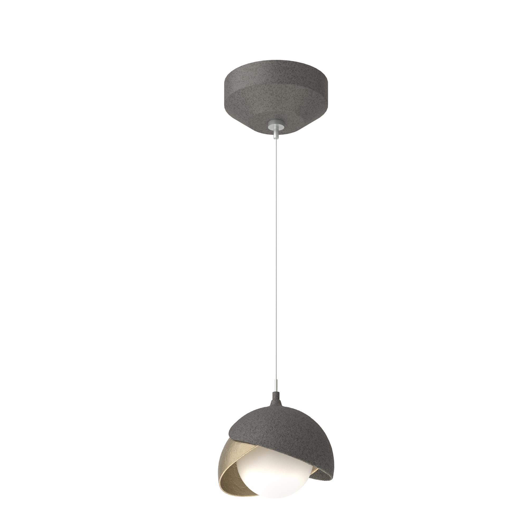 Shown in Natural Iron finish and Opal glass and Soft Gold  accent
