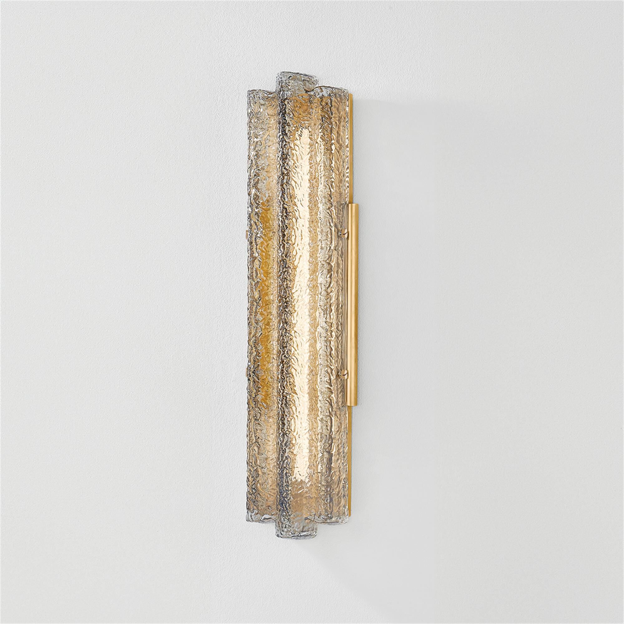Shown in Vintage Brass finish and Dark Champagne Piastre glass