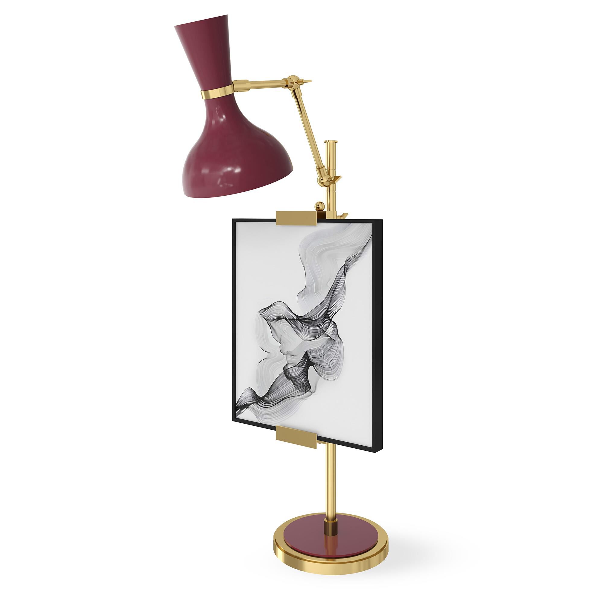Shown in Modern Brass finish and Sugar Plum shade