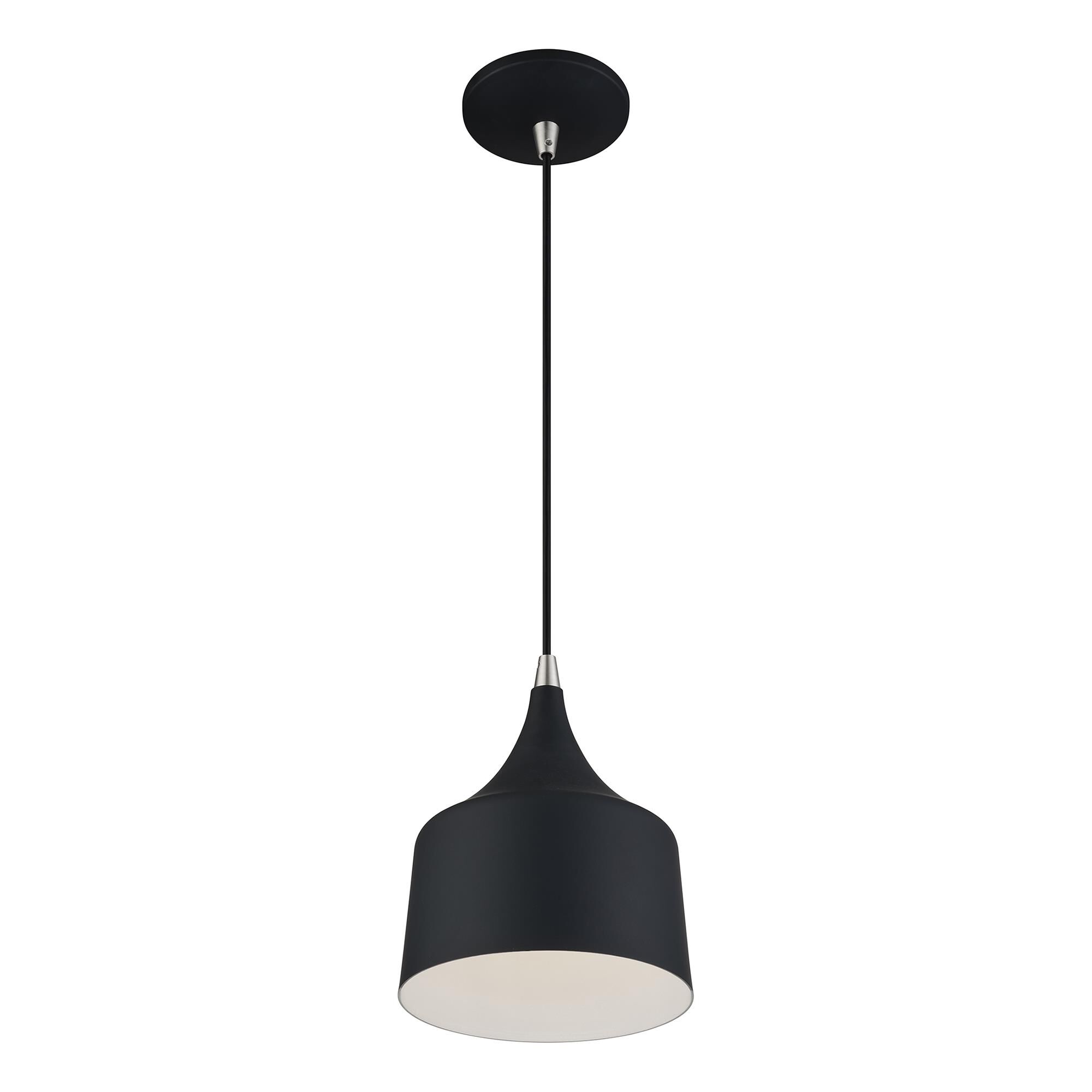 Shown in Black with Brushed Nickel Accents finish and Black Aluminum with Shiny White Inside shade