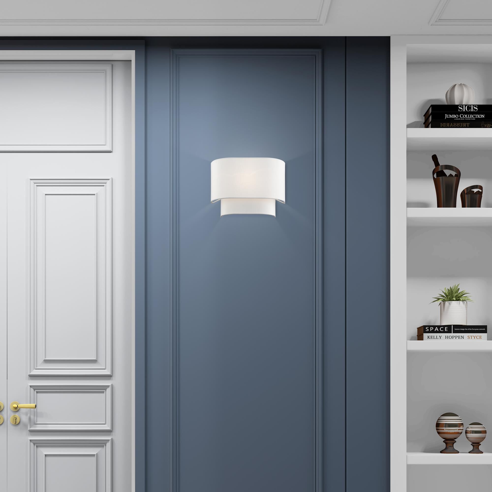 Shown in White finish and Hand Crafted Off-White Fabric Hardbacks with White Fabric Inside shade