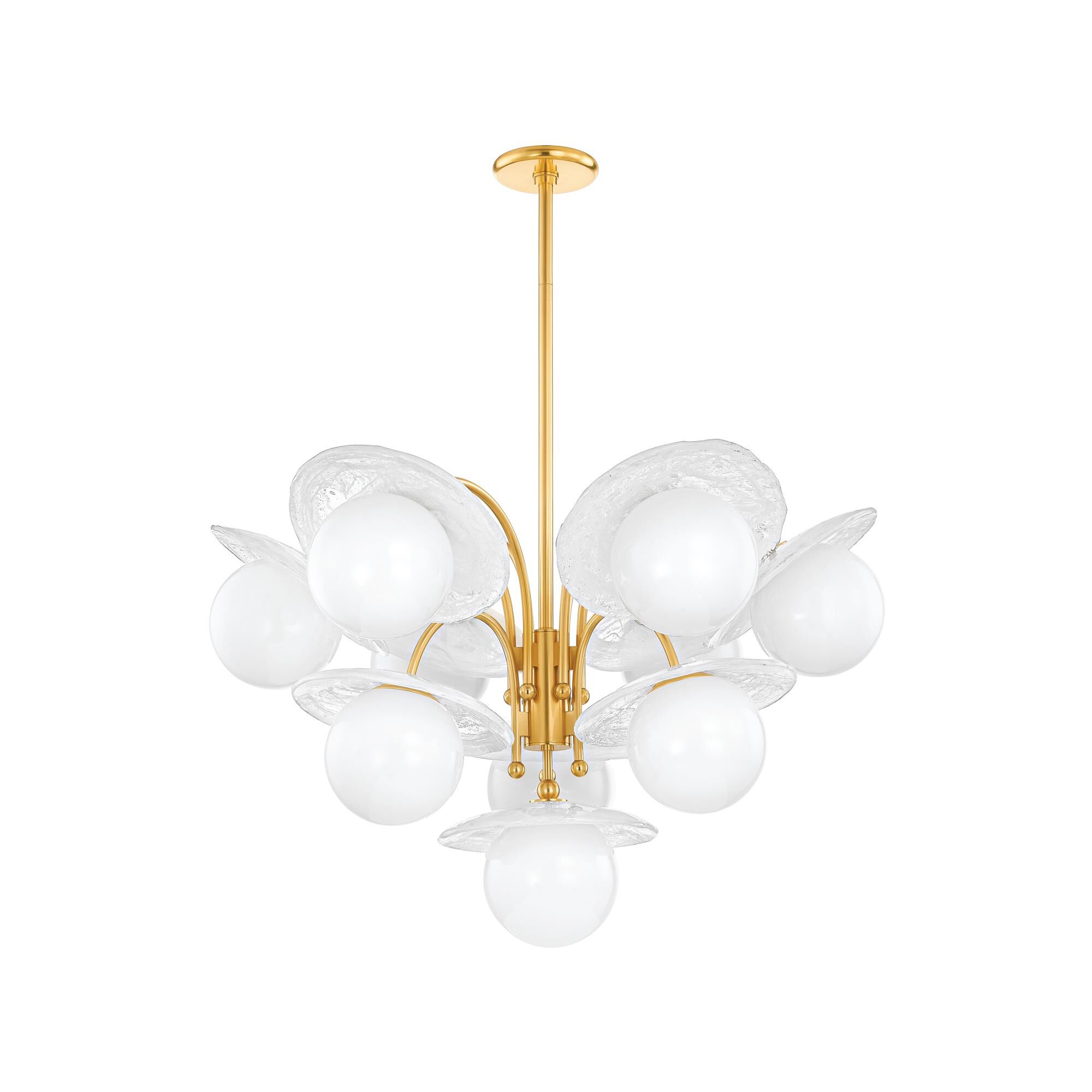 Shown in Aged Brass finish and Opal Shiny glass