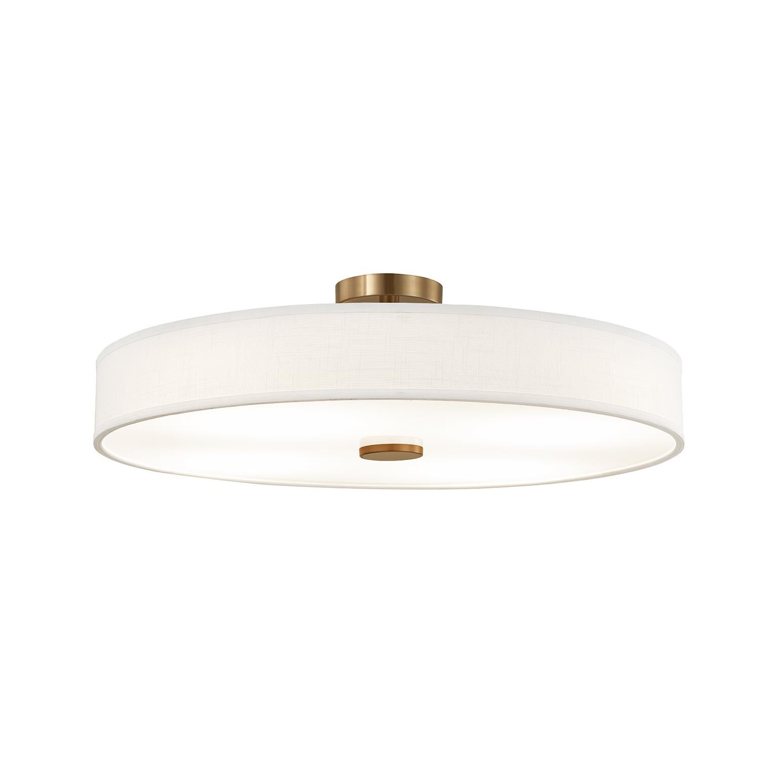 Shown in Brushed Brass finish and White Linen shade
