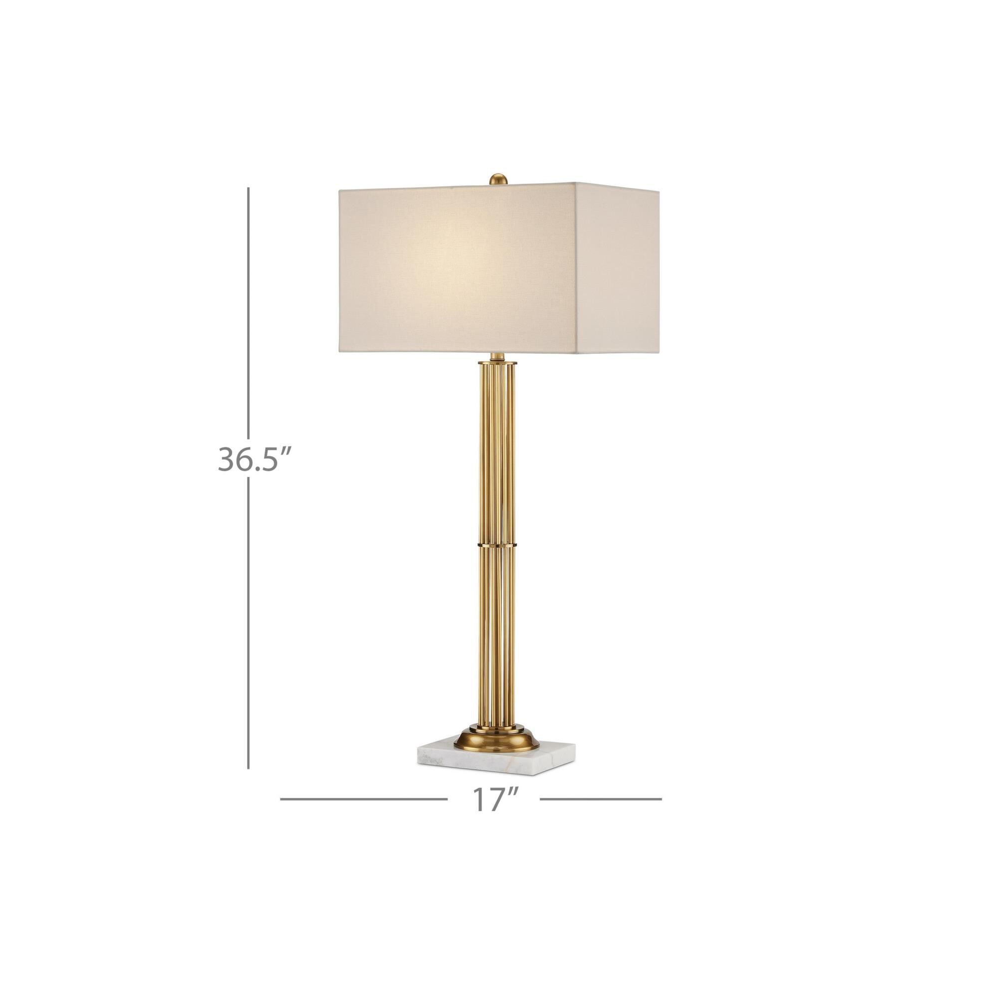 Shown in Antique Brass and White Marble finish and Bone Linen shade