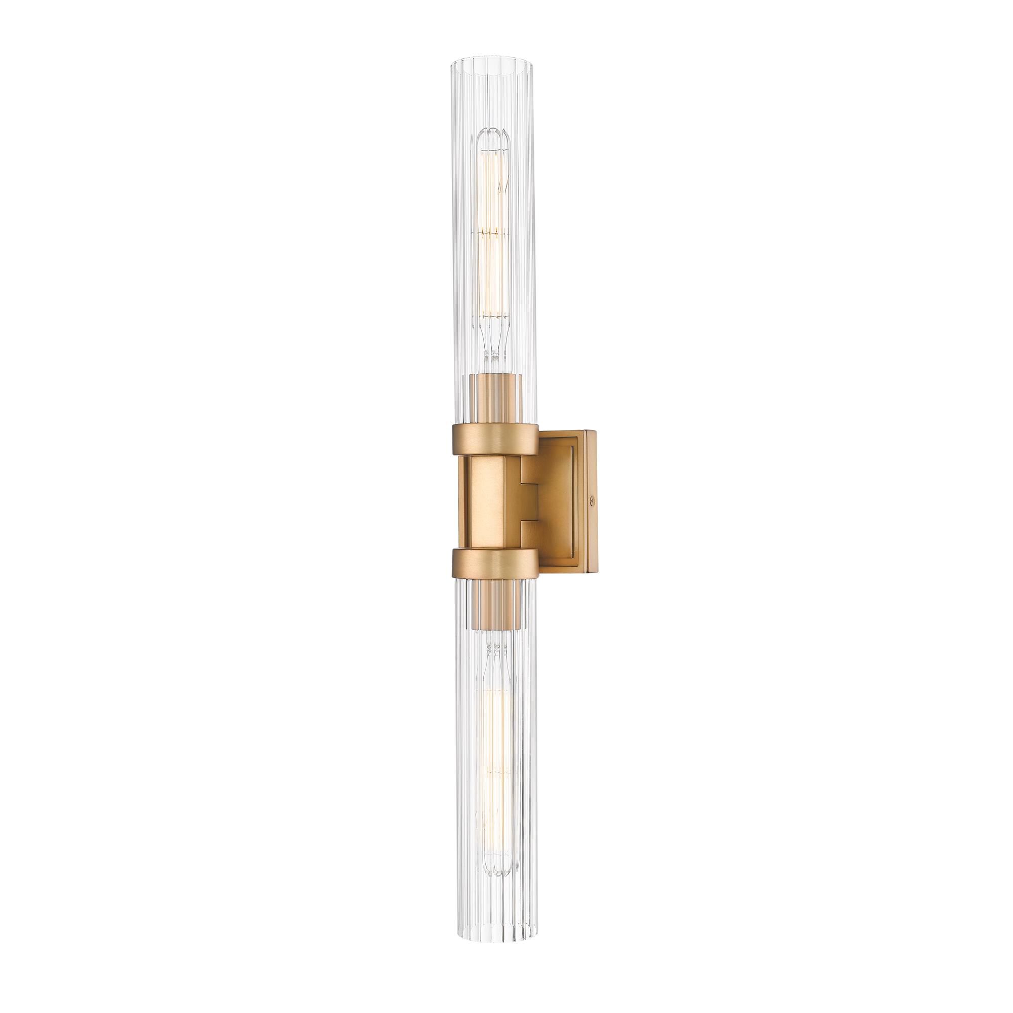 Shown in Rubbed Brass finish and Clear Ribbed glass and Clear Ribbed shade