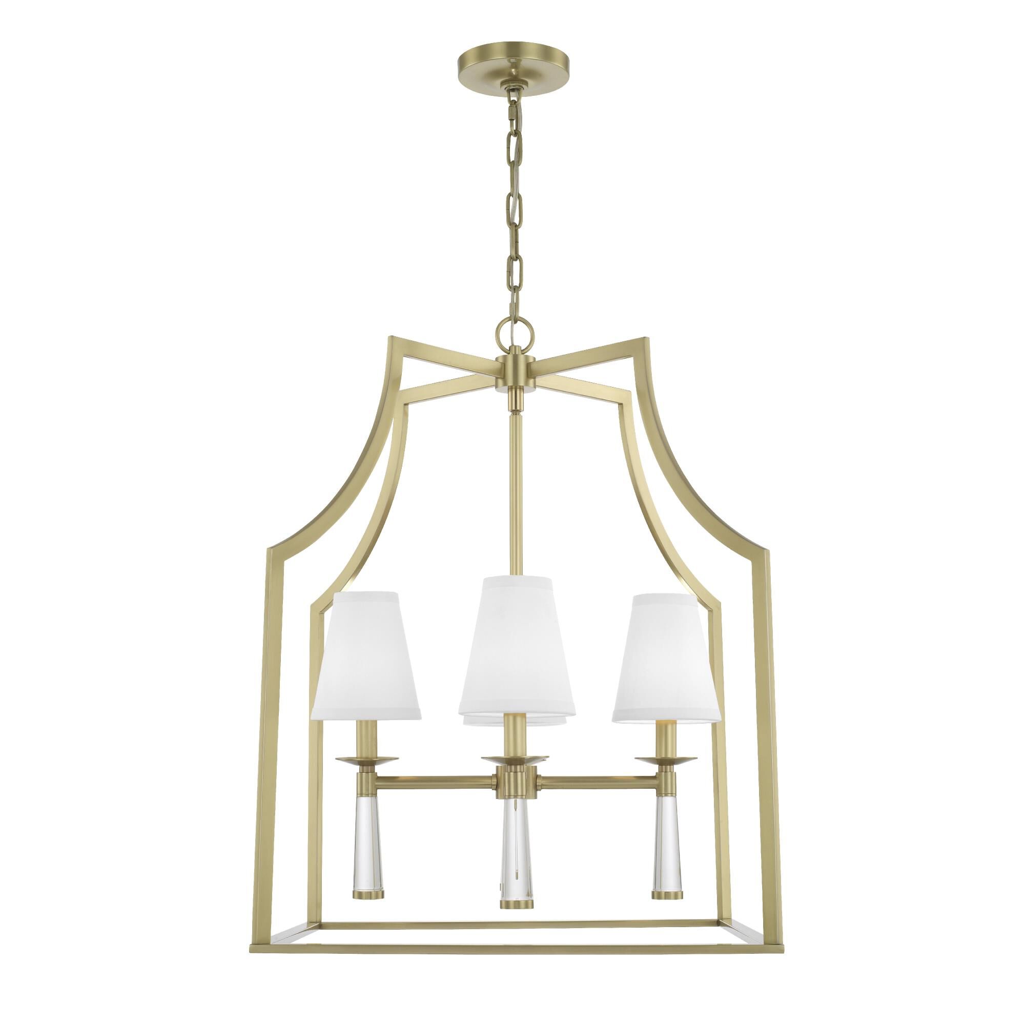 Shown in Aged Brass finish and Glass Finials crystal and White Silk shade
