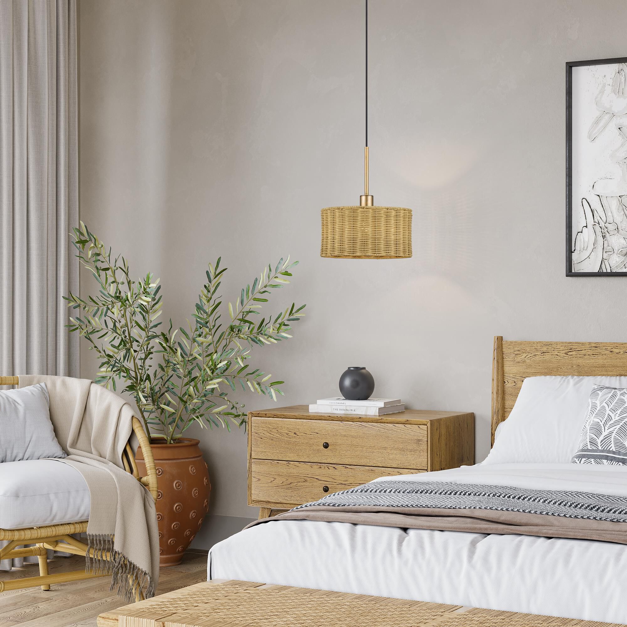 Shown in Antique Gold Leaf finish and Hand-Woven Rustic Walnut Color Rattan shade