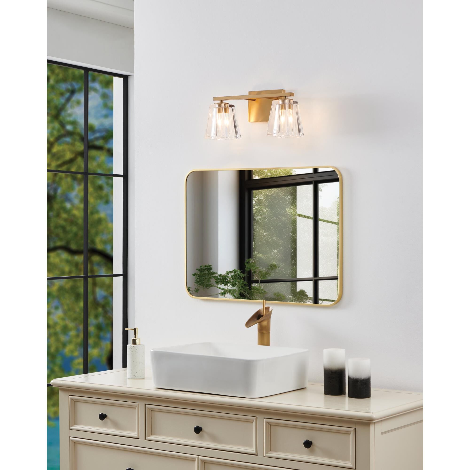 Shown in Champagne Gold finish and Clear Pressed glass