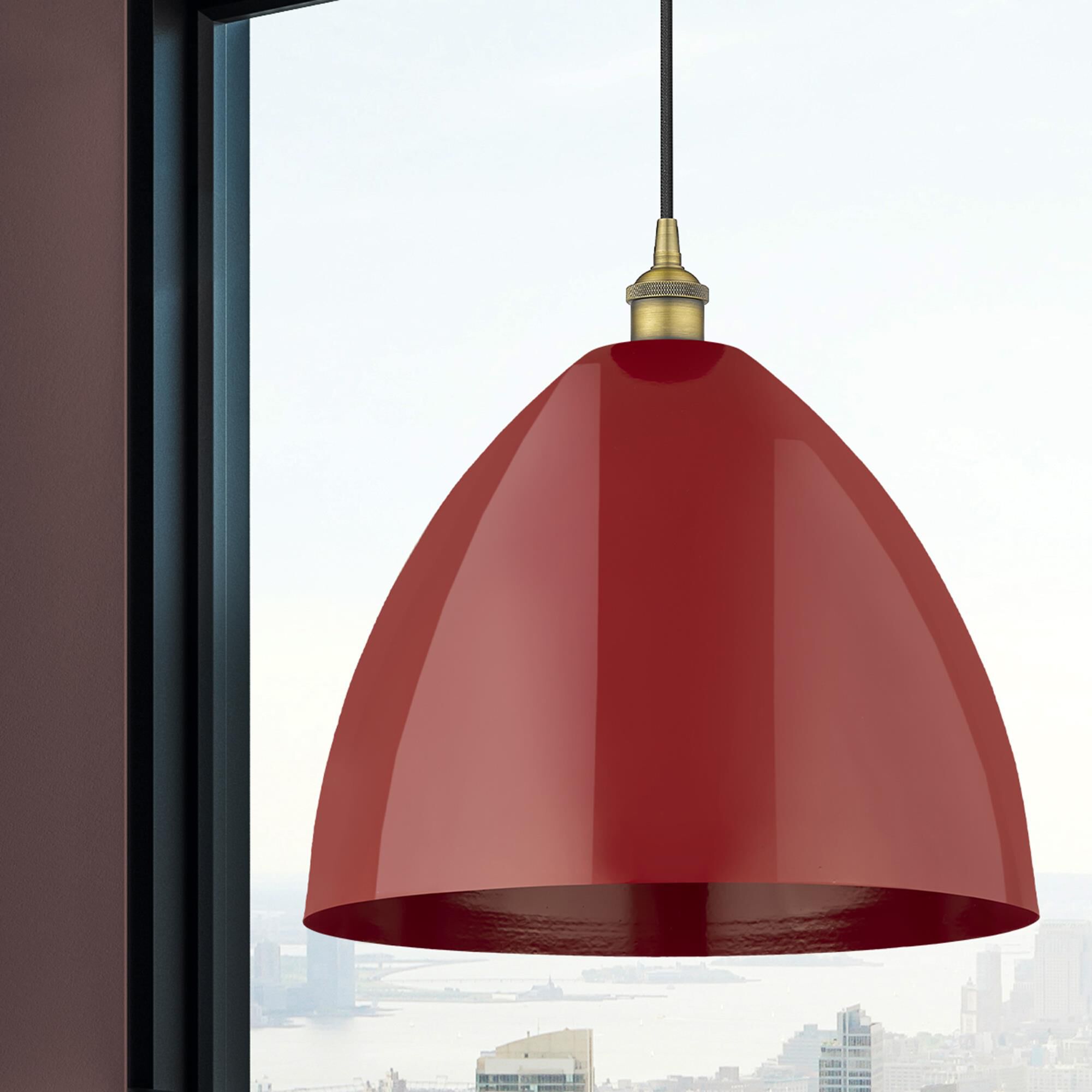 Shown in Brushed Brass finish and Red Plymouth Dome shade