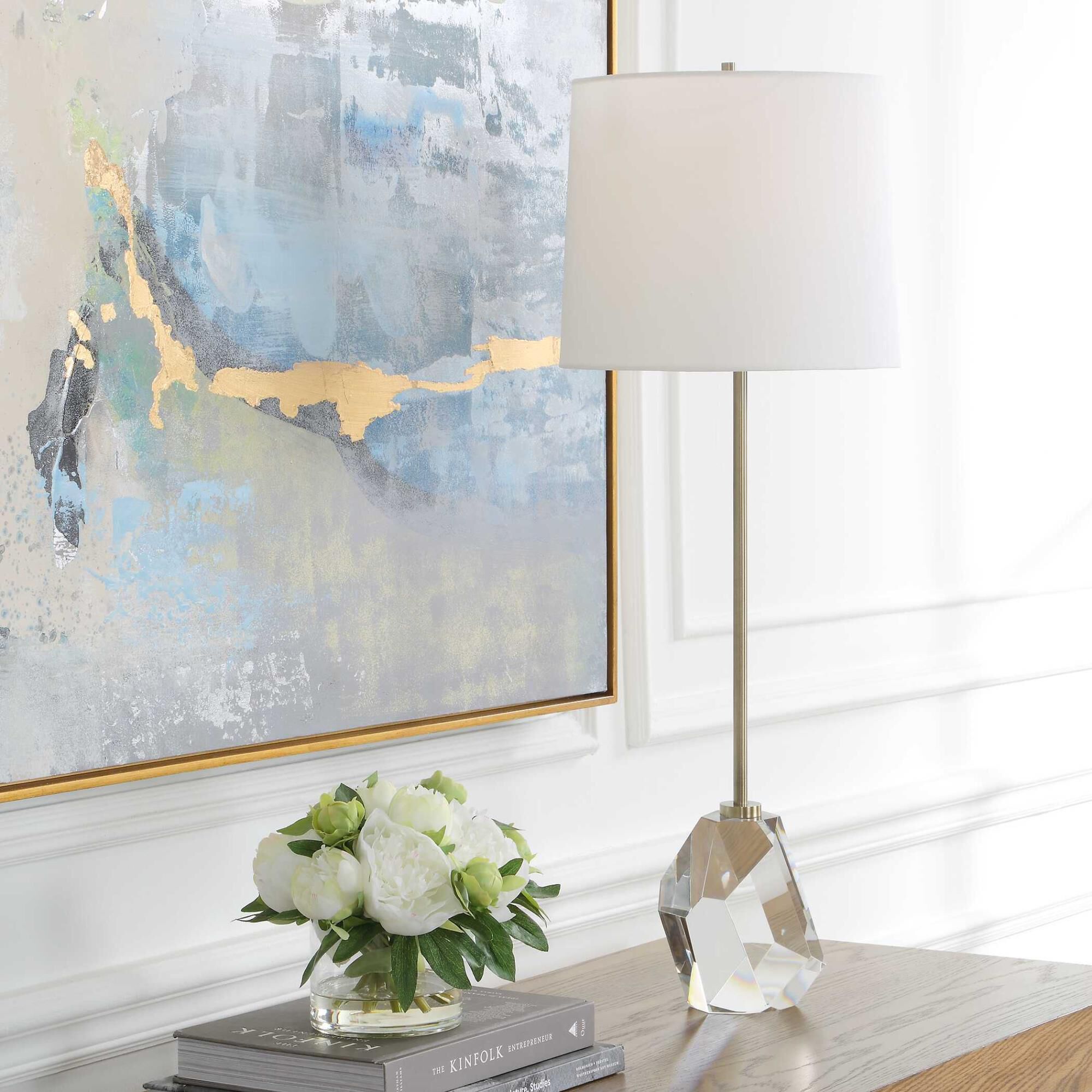 Shown in Gold finish and Round Tapered Hardback shade