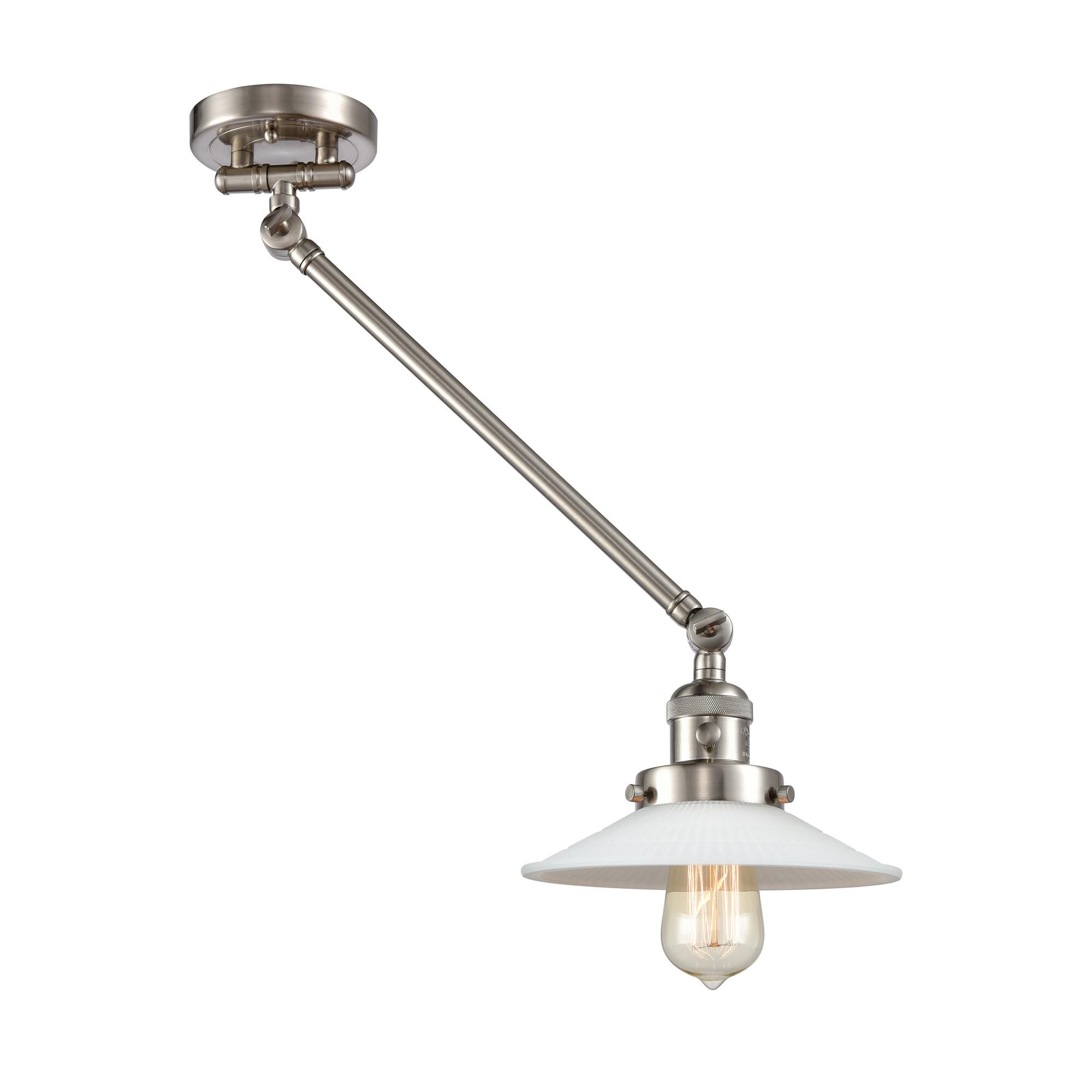 Shown in Satin Nickel finish and Matte White Halophane - Cone glass