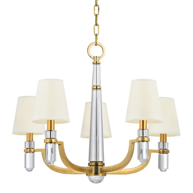 Shown in Aged Brass finish and White Faux Silk shade
