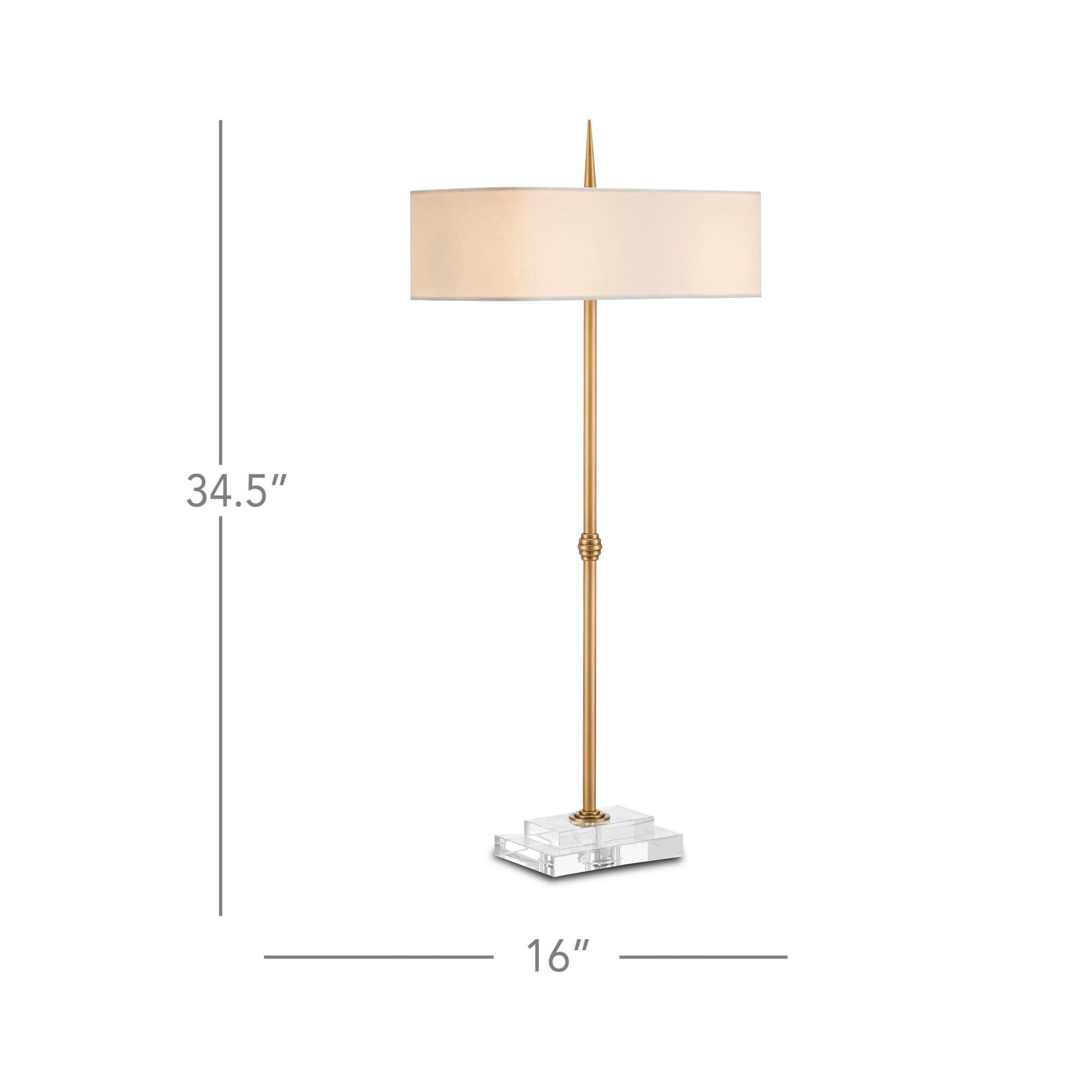 Shown in Antique Brass, Clear finish and Bone Linen shade