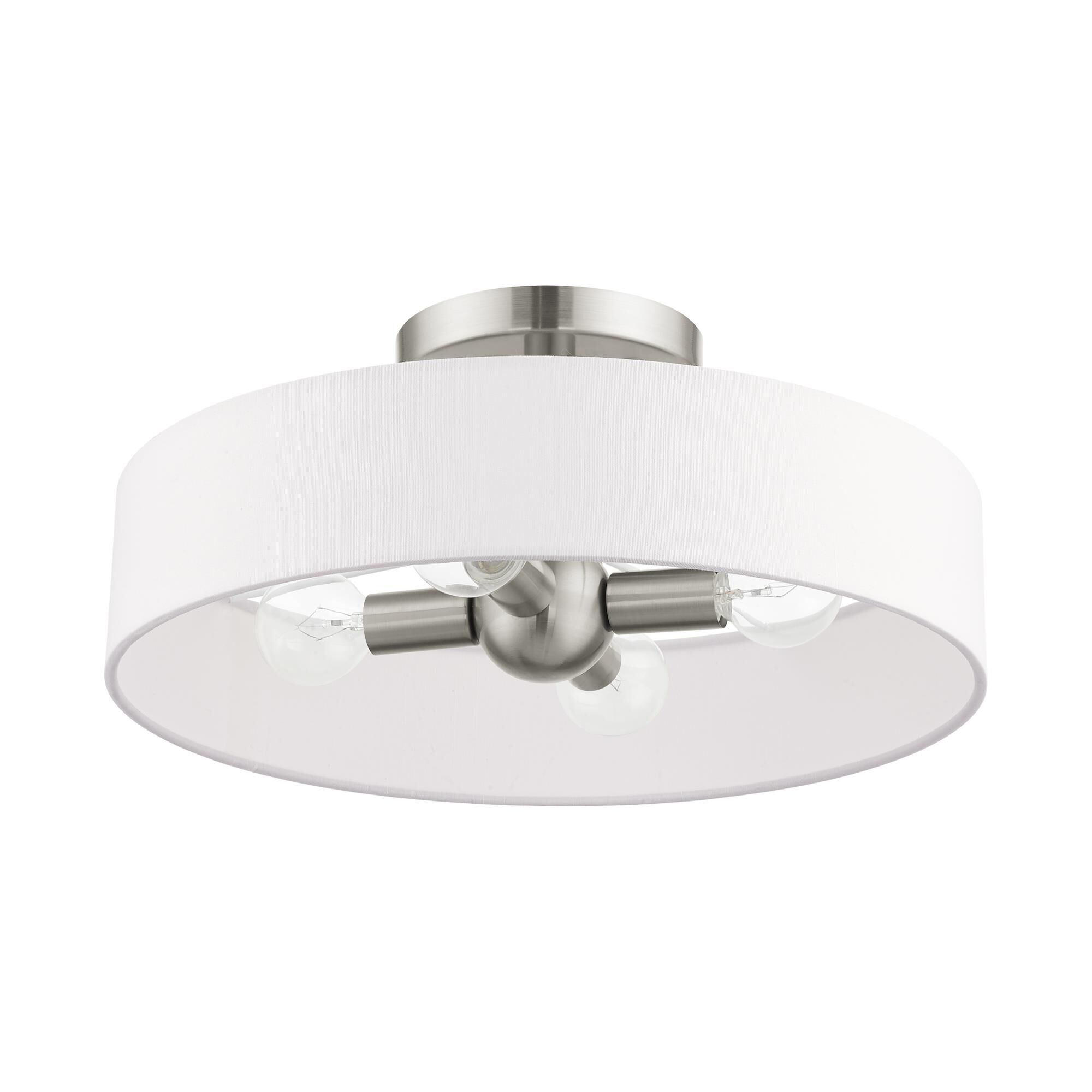 Shown in Brushed Nickel finish and Hand Crafted Off White Fabric Hardback Shade glass and Hand Crafted Off White Fabric Hardback shade