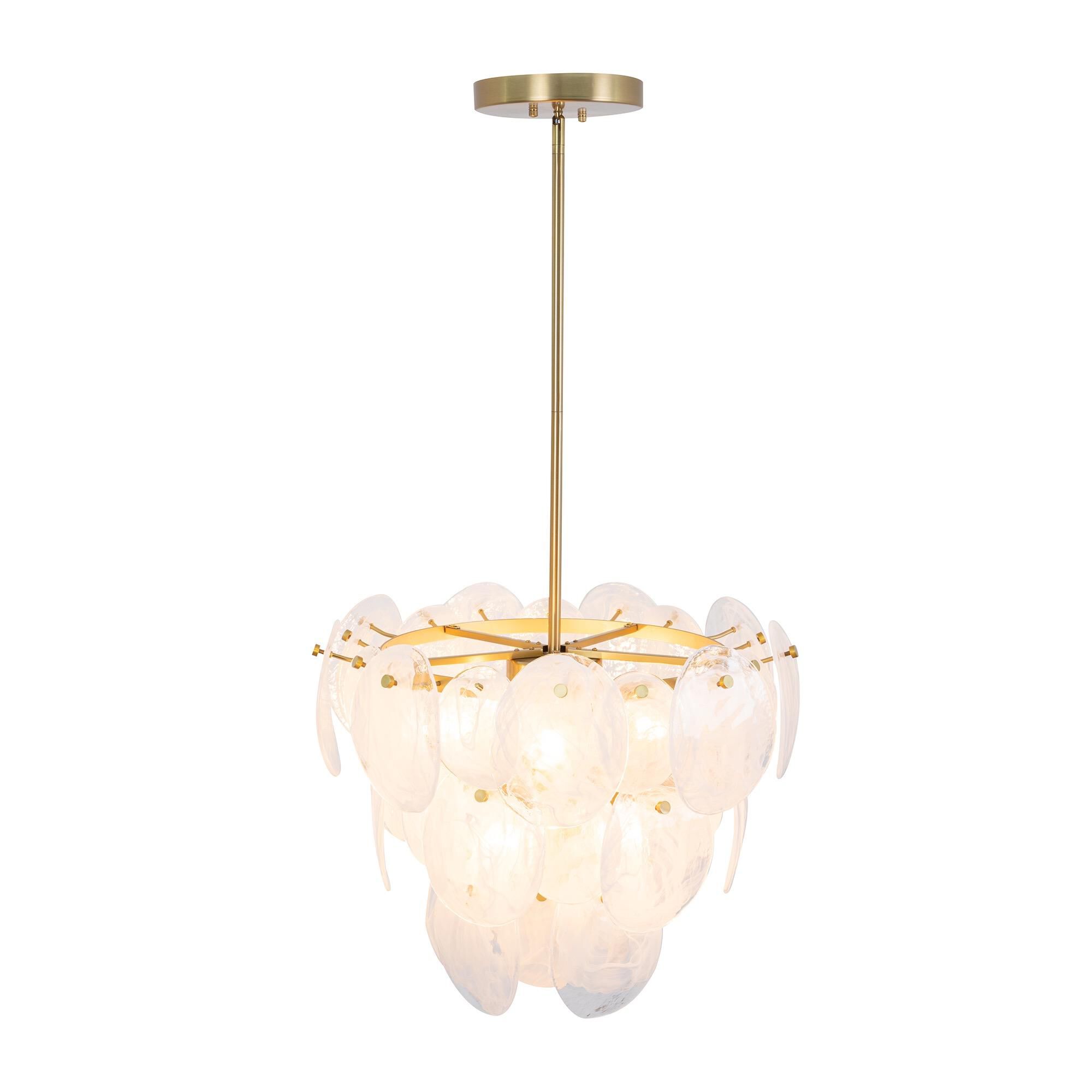 Shown in Brushed Brass finish and Wispy White Murano Style glass